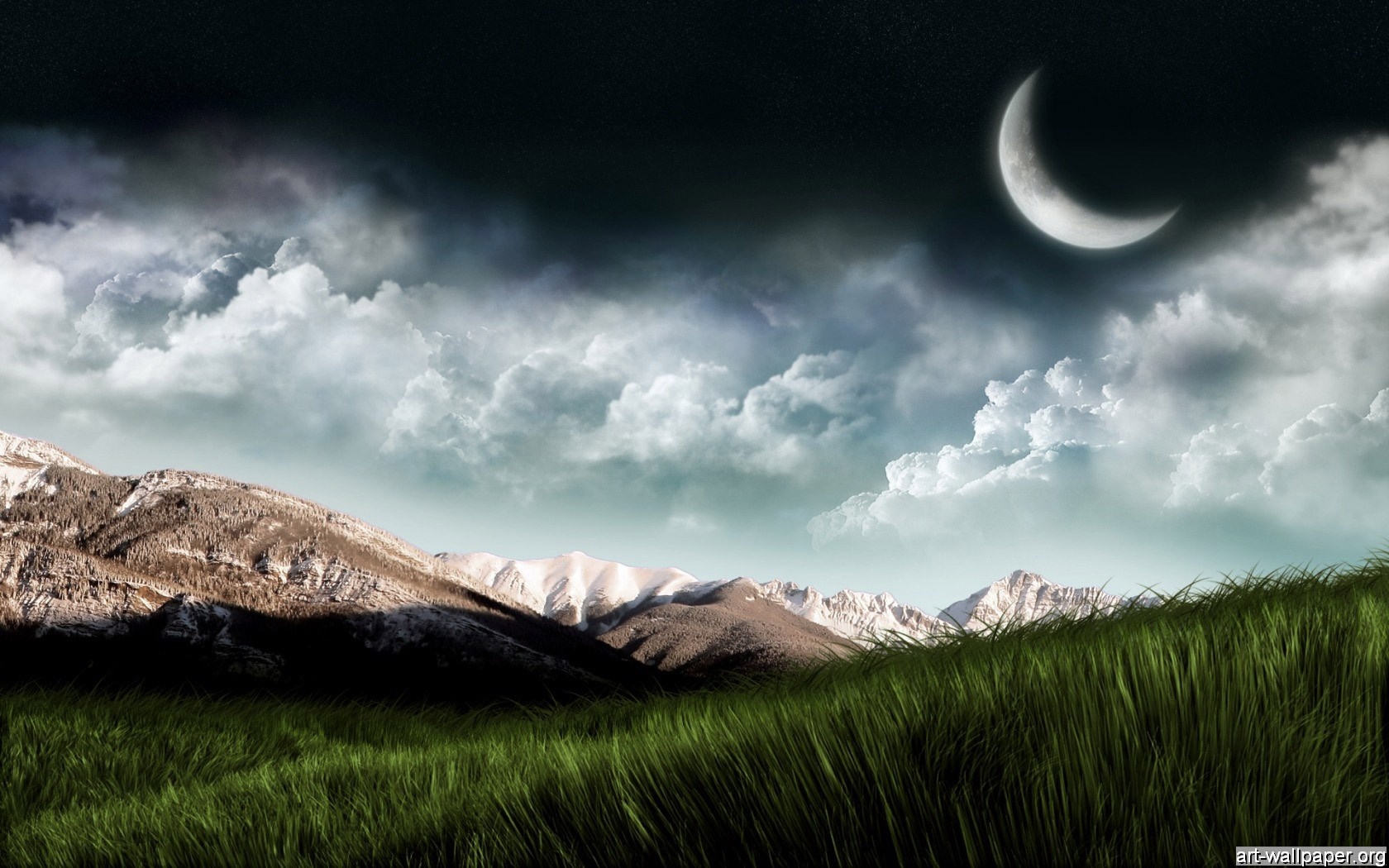 Crescent moon over mountains and grassy field HD Wallpaper