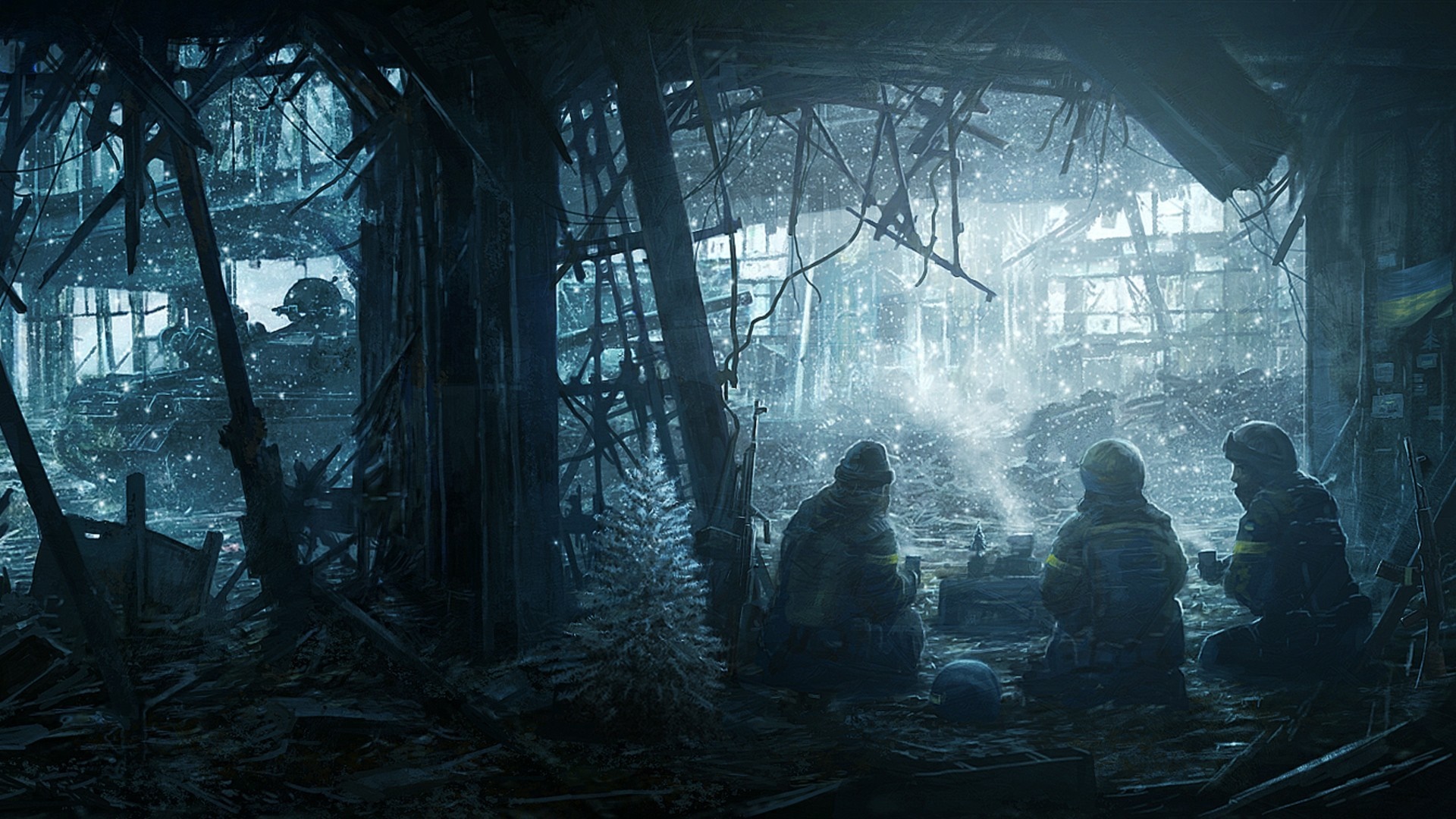 Soldiers in destroyed building with snow falling HD Wallpaper