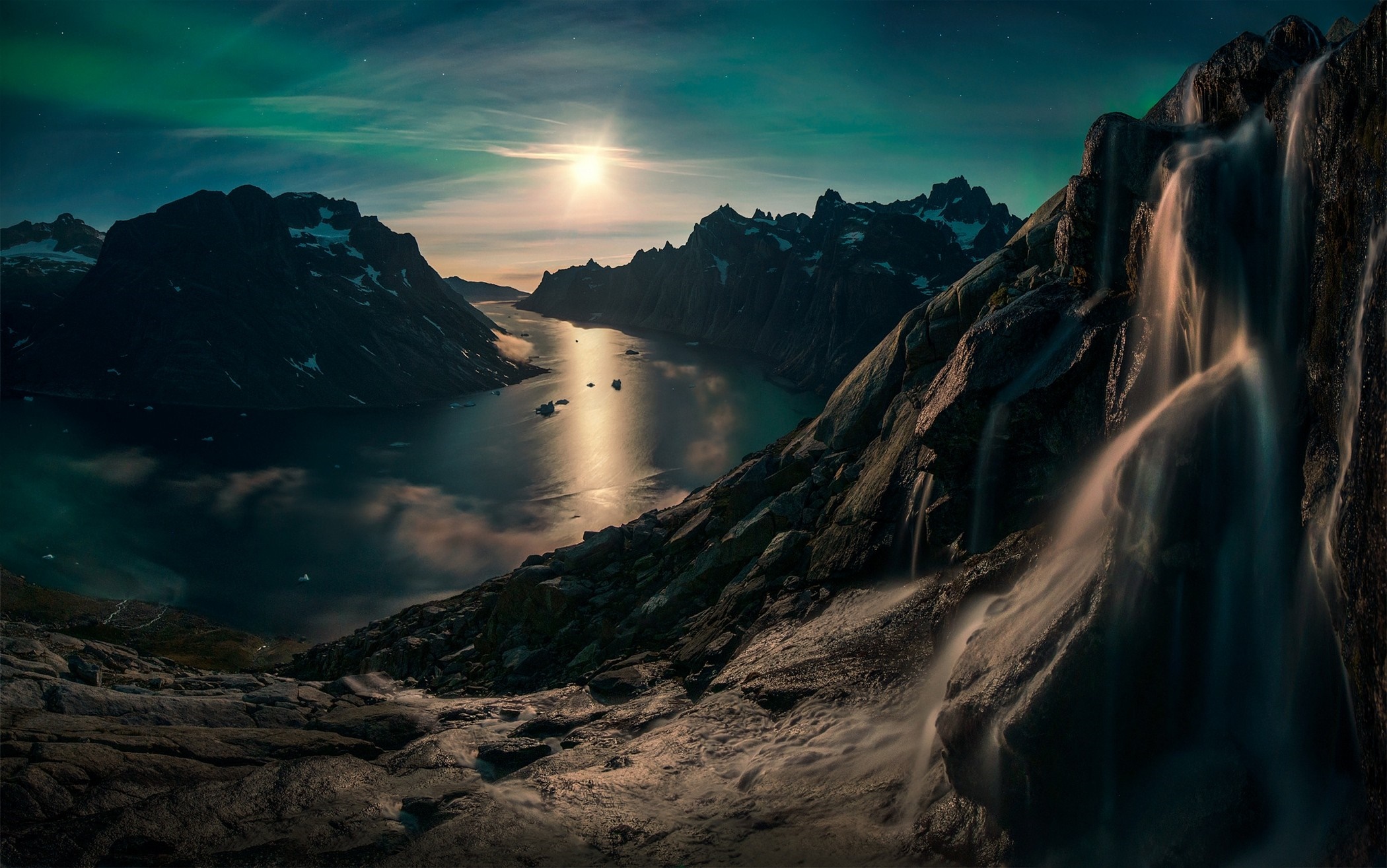 Waterfall and Aurora over Fjord in Greenland HD Wallpaper