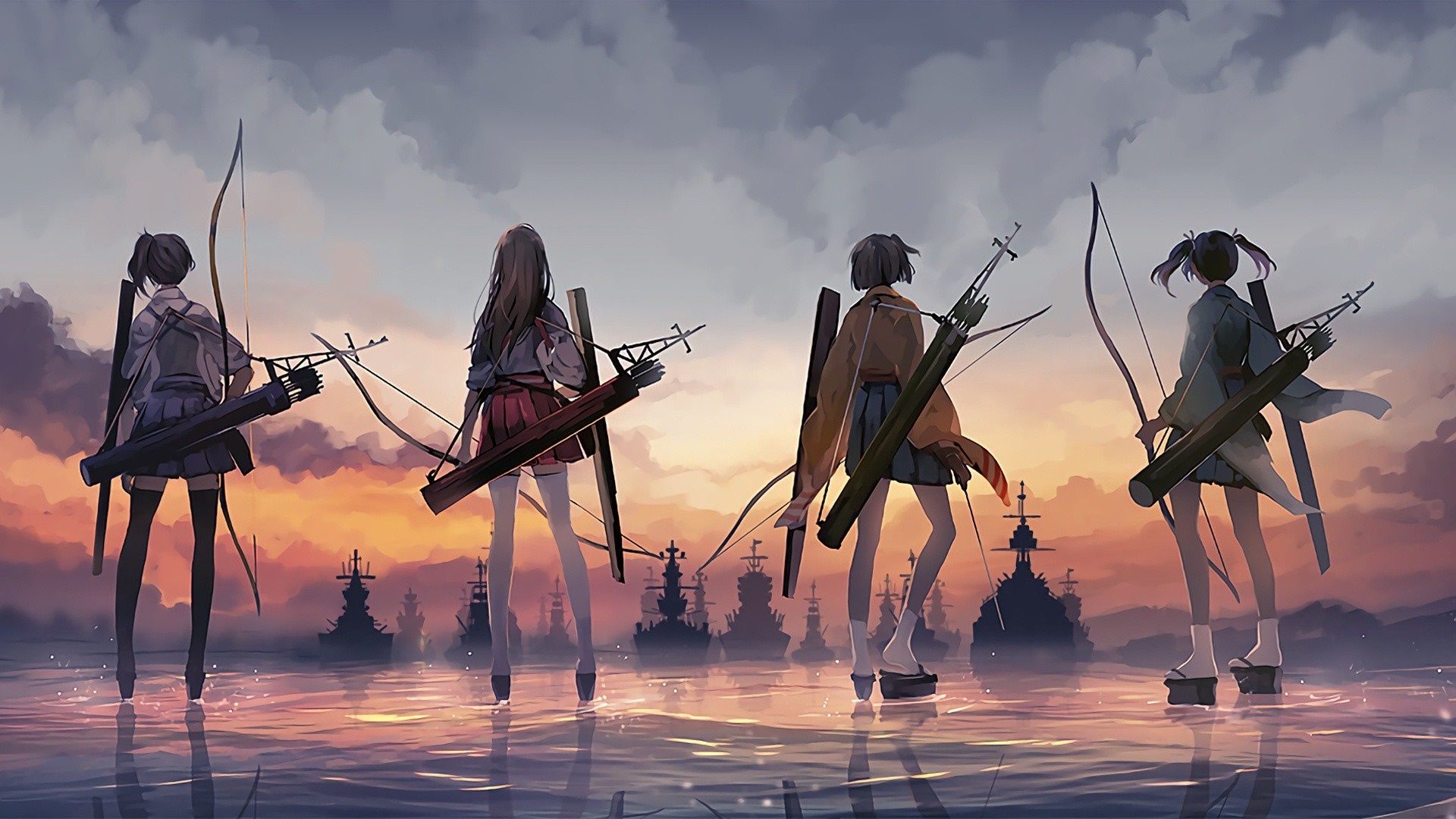 Kantai Collection girls with bows and battleships at sunset HD Wallpaper