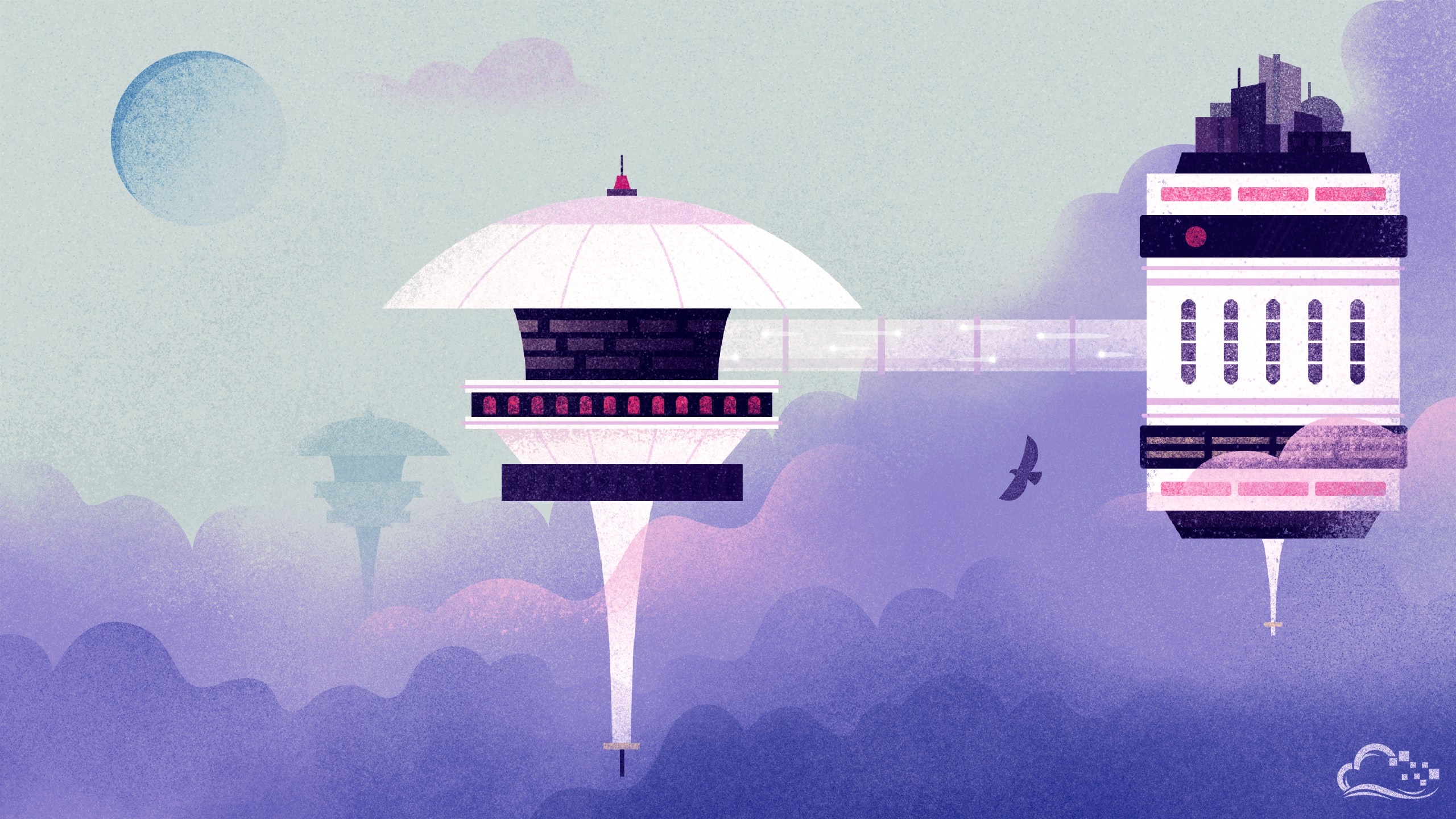 Futuristic city in the clouds with a bird HD Wallpaper