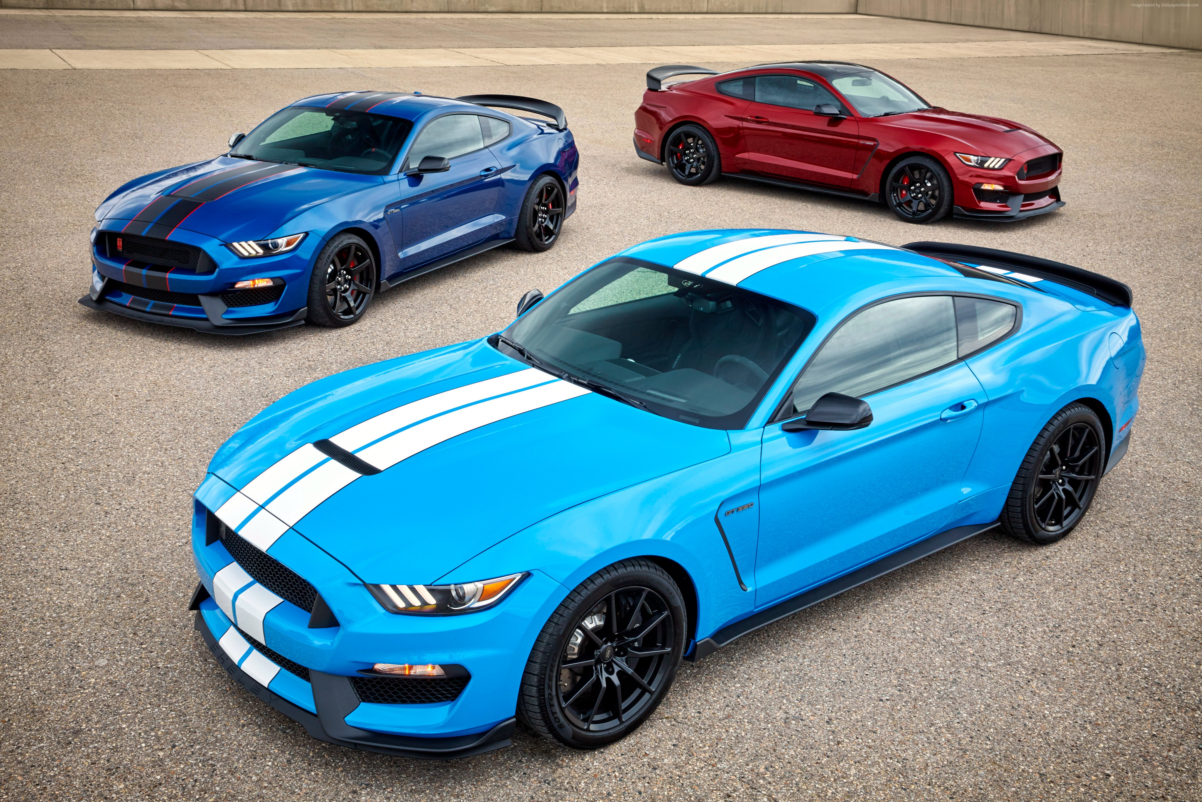 Three Ford Mustang Shelby GT350 cars in different colors HD Wallpaper
