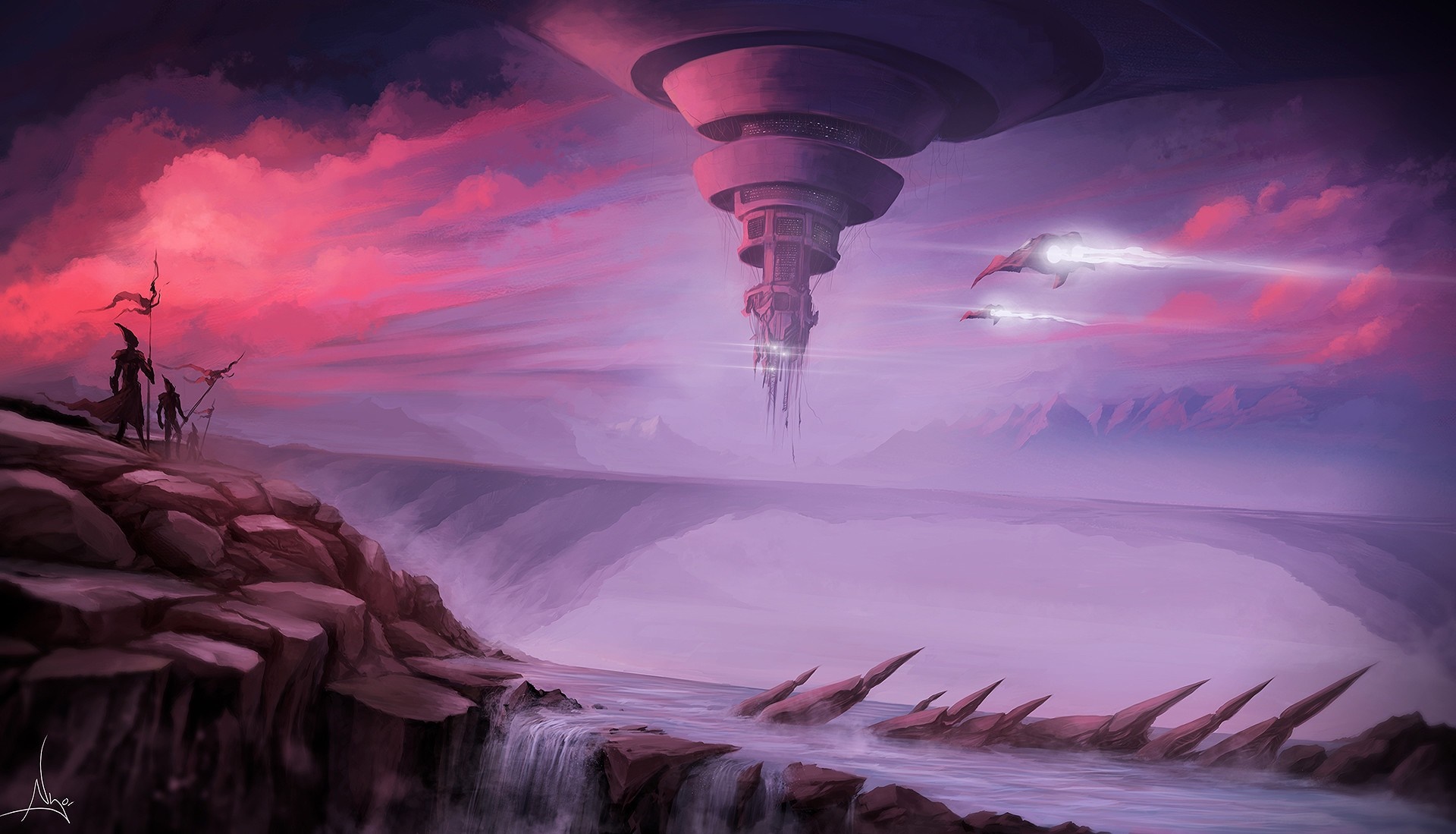 Fantasy landscape with futuristic structures and aircraft HD Wallpaper