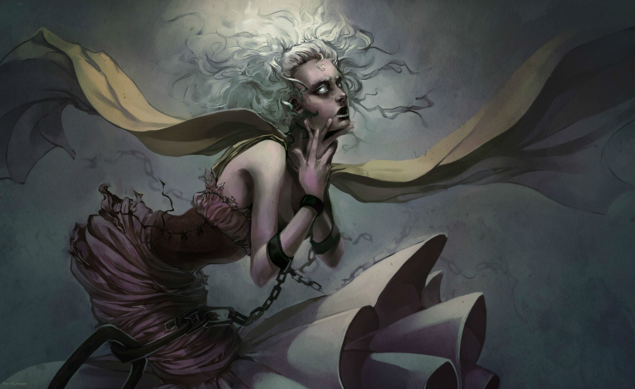 Illustration of a chained woman with white hair and tattered dress HD Wallpaper