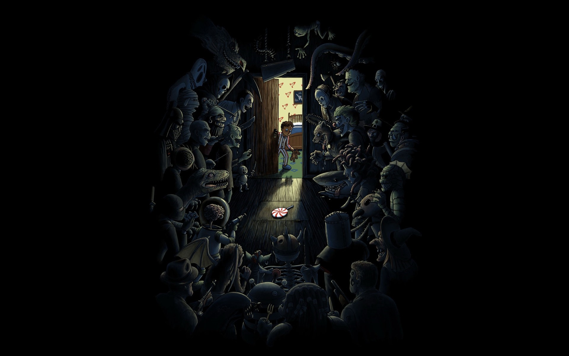 Monsters surround a child in a doorway HD Wallpaper