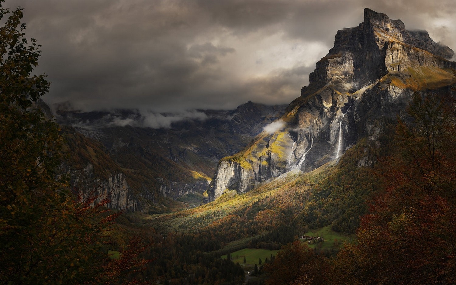 Mountain valley with waterfall and autumn forest HD Wallpaper