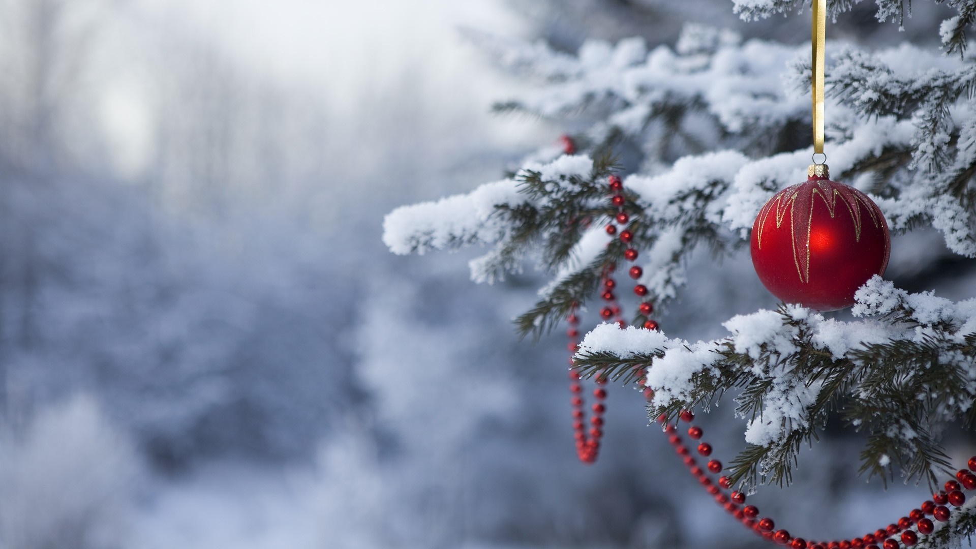 Christmas ornament on a snow-covered fir branch HD Wallpaper