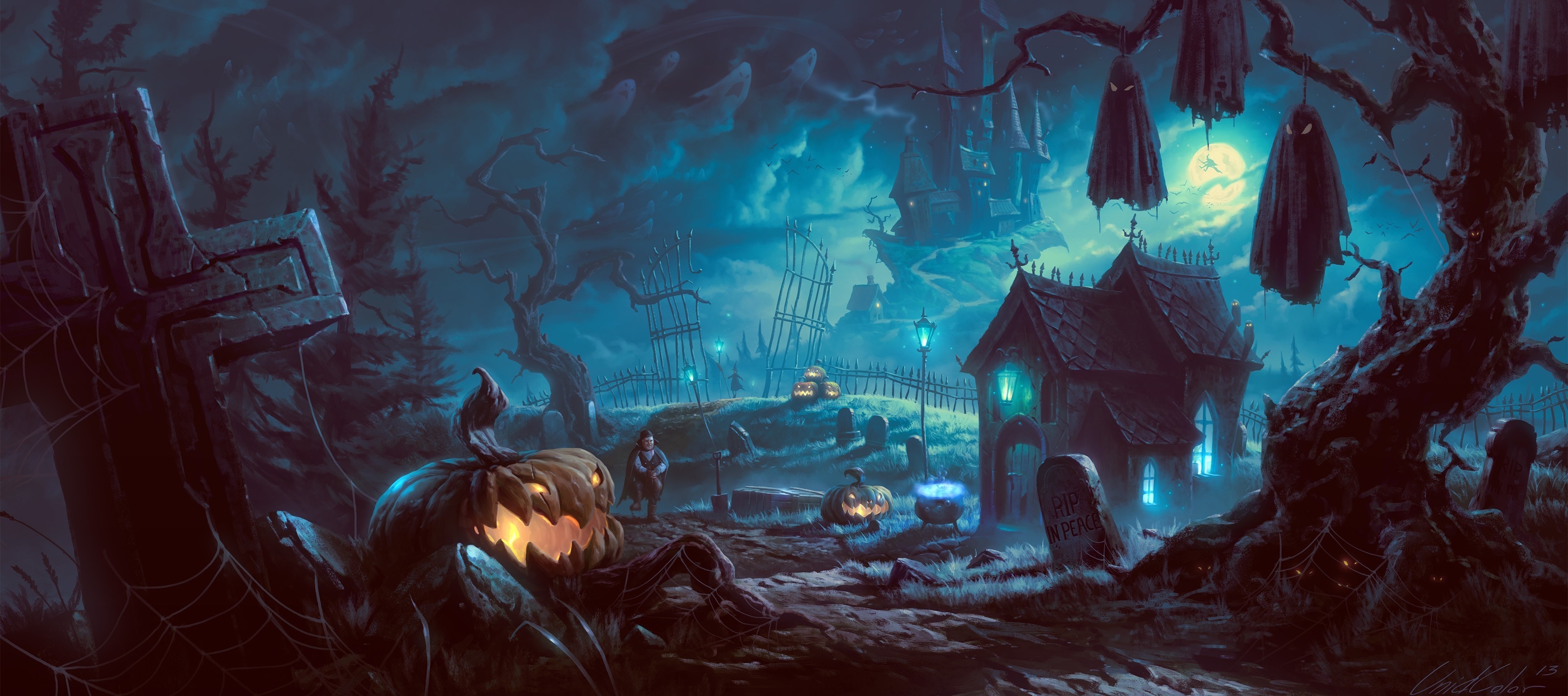 Halloween graveyard with haunted house and pumpkins HD Wallpaper