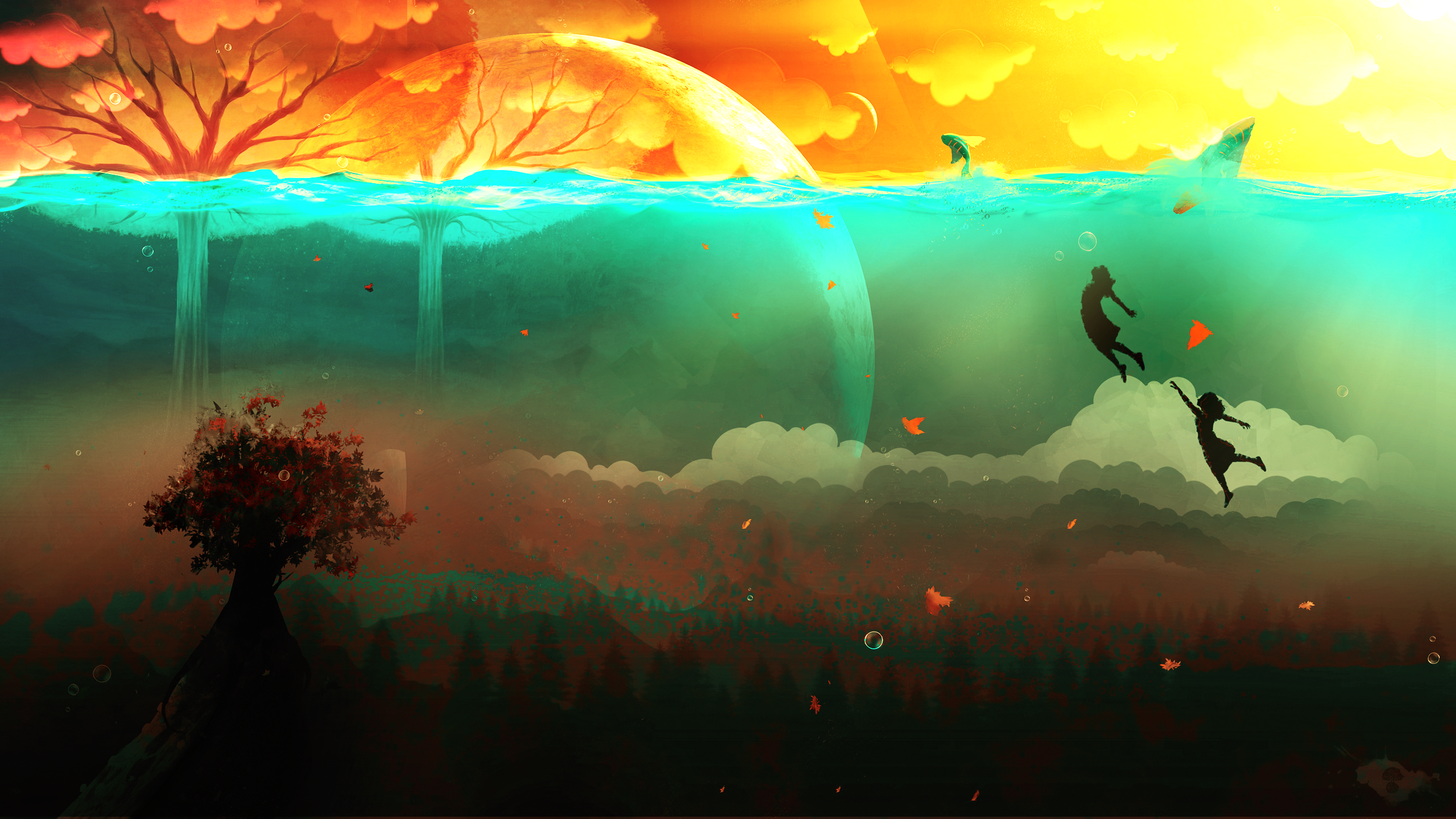 Surreal underwater scene with flying figures and trees HD Wallpaper