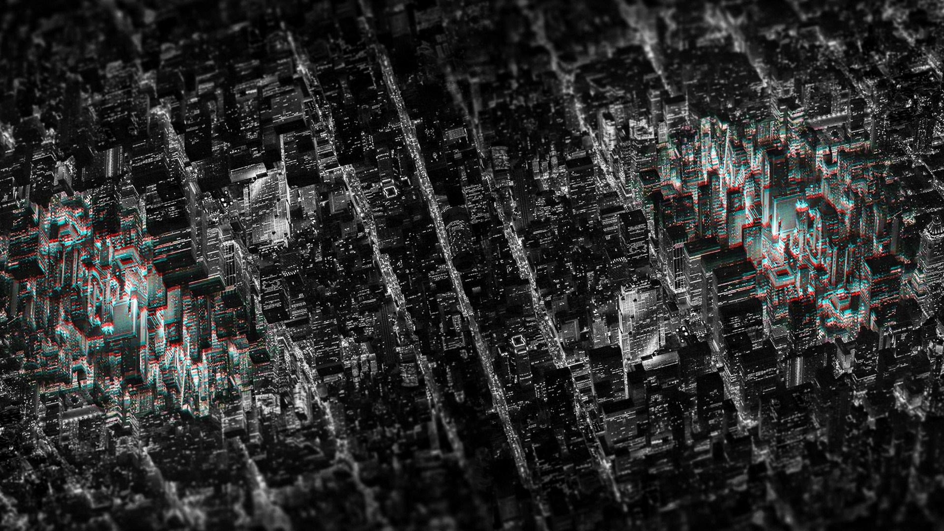 Monochrome aerial view of a city at night with glitch effects HD Wallpaper