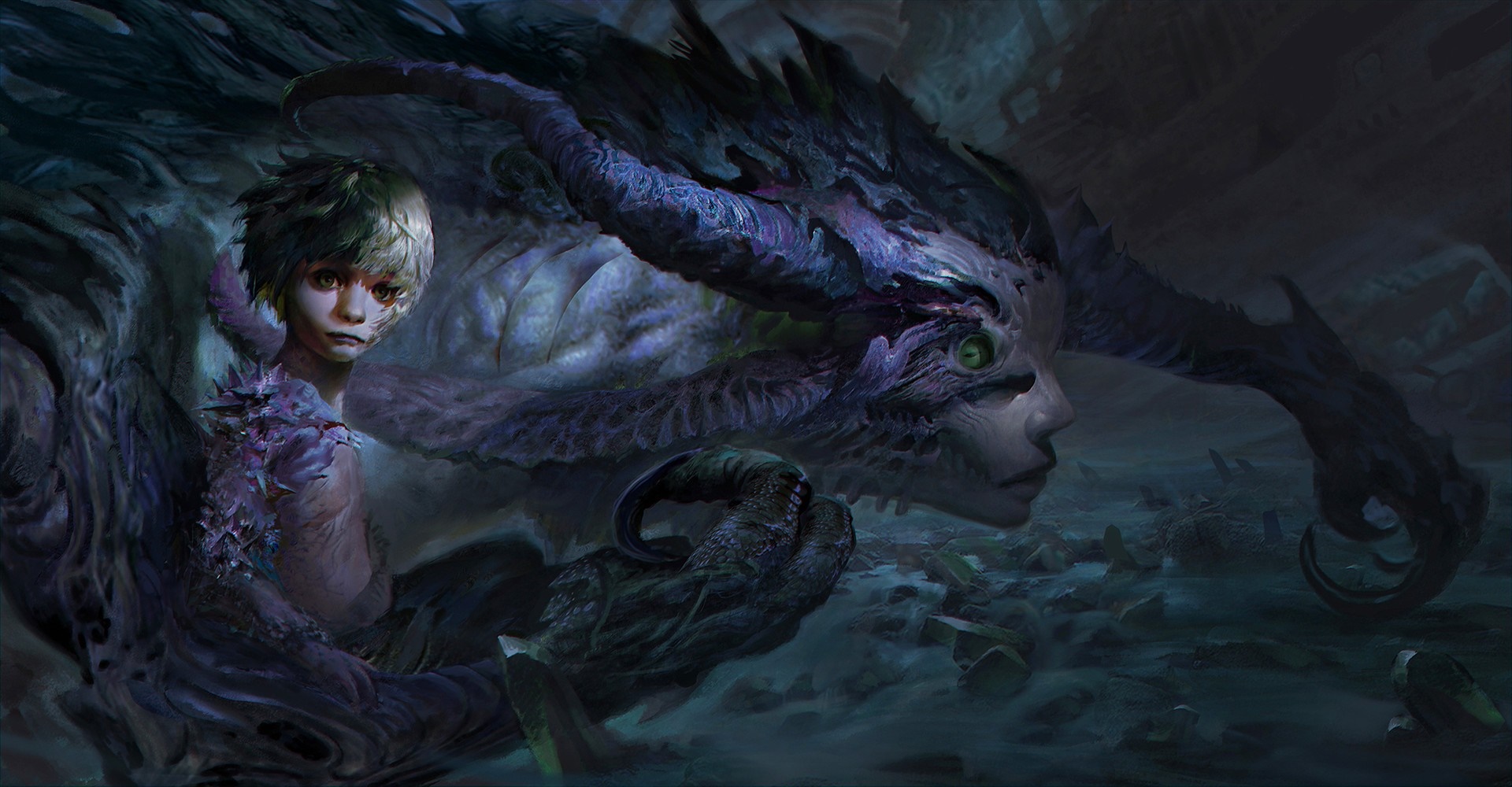 Mystical Child with Dragon in Dark Fantasy Realm HD Wallpaper