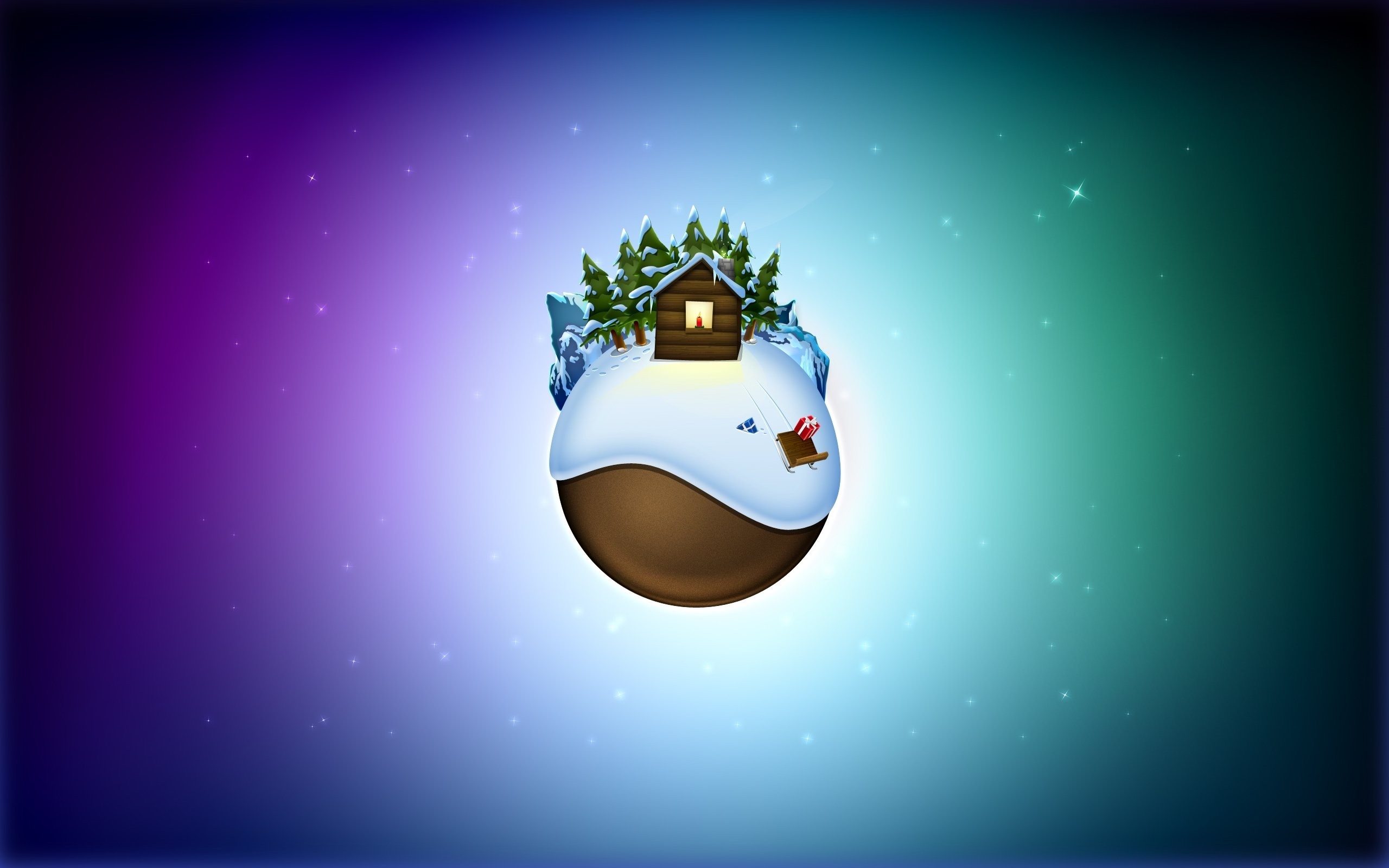 Winter planet with cabin, trees, and sleigh HD Wallpaper
