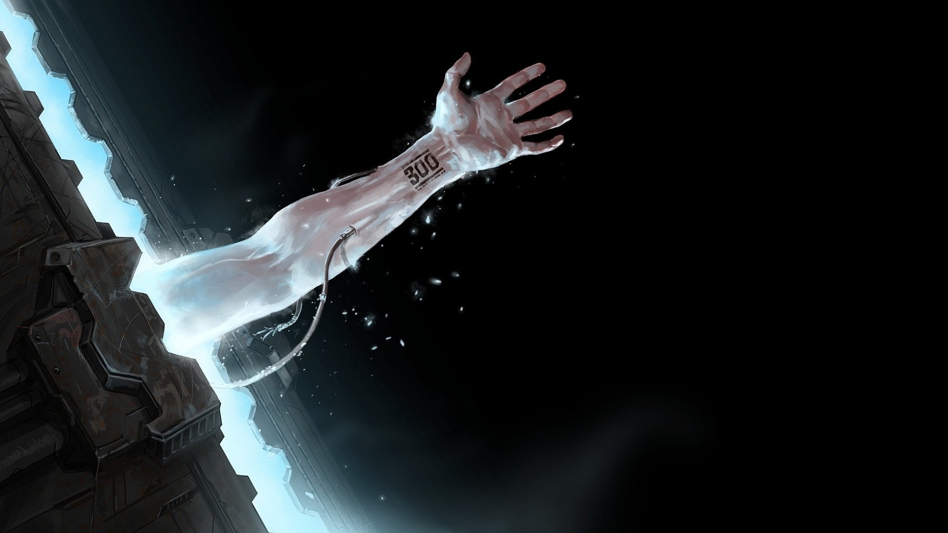 Futuristic arm emerging from glowing portal HD Wallpaper