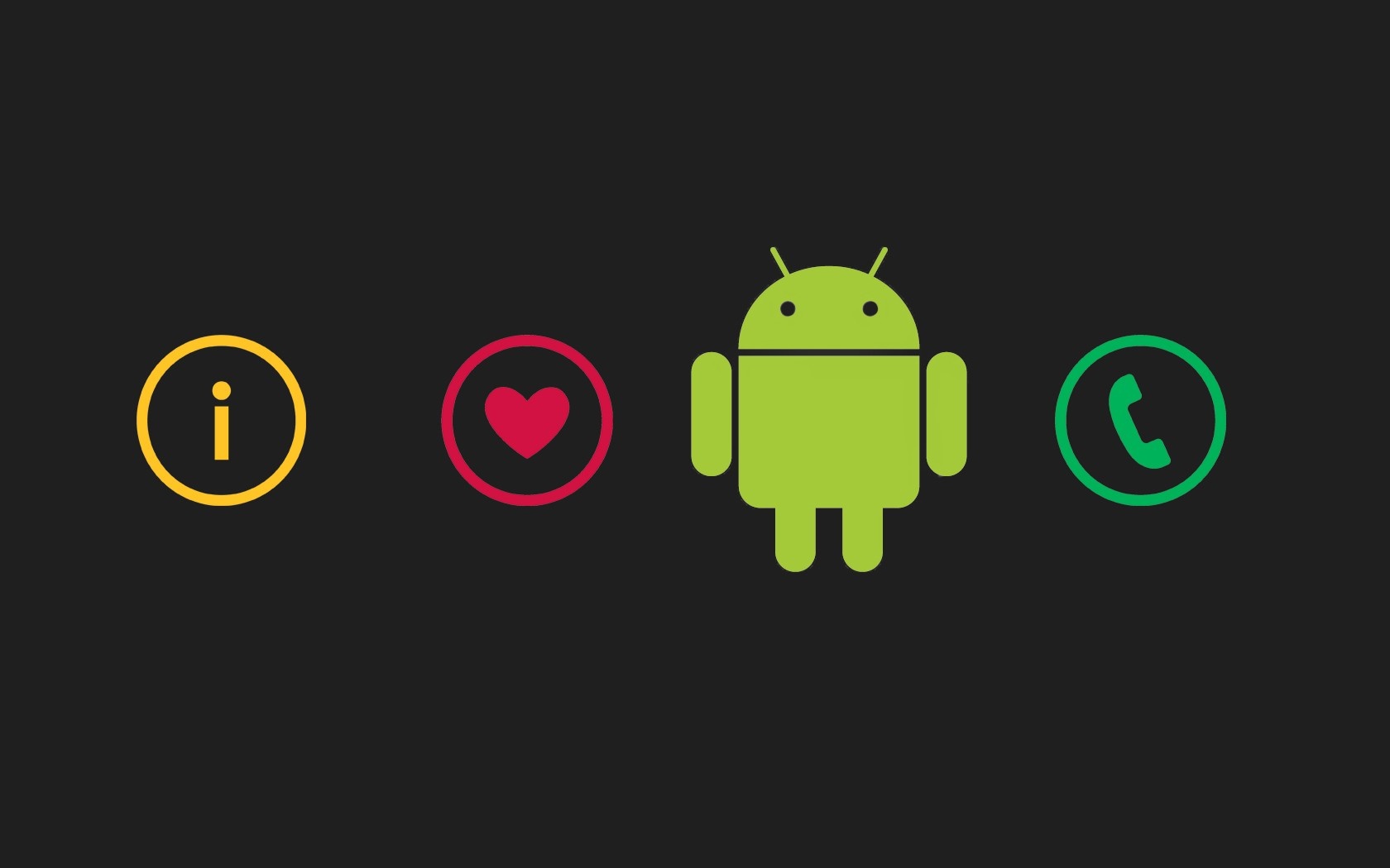 Android logo with icons for information, love, and phone HD Wallpaper
