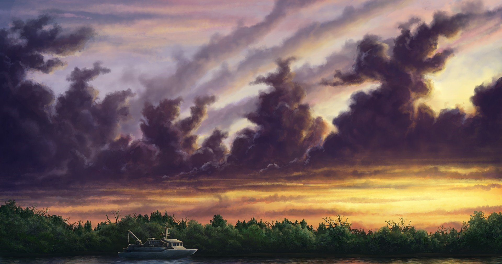 Boat on a river at sunset with dramatic clouds HD Wallpaper