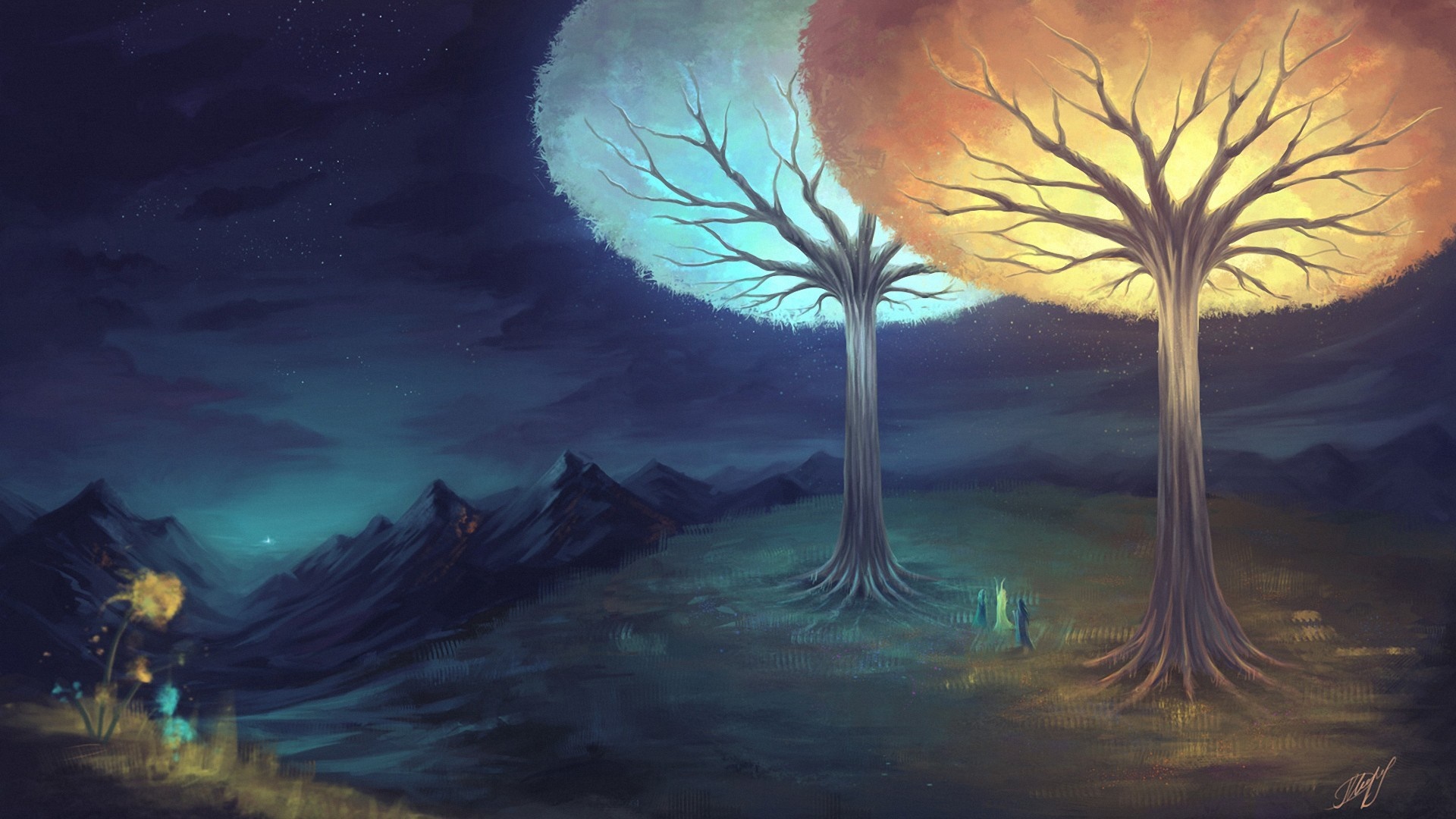 Fantasy art of two trees at night with mountains HD Wallpaper
