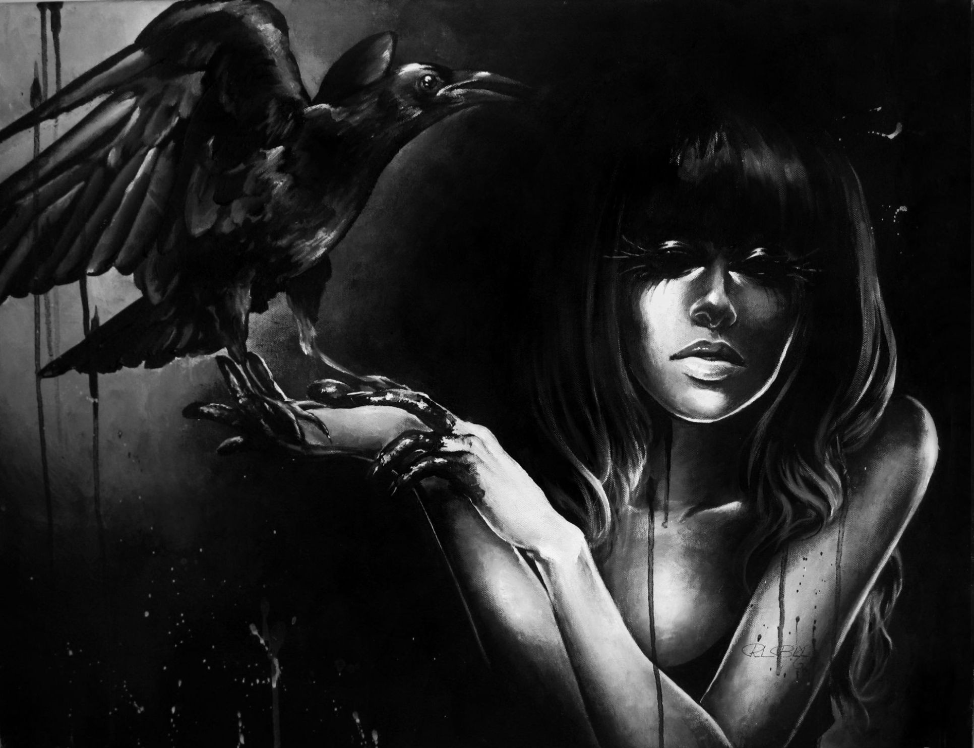 Monochrome artwork of a woman and a raven HD Wallpaper