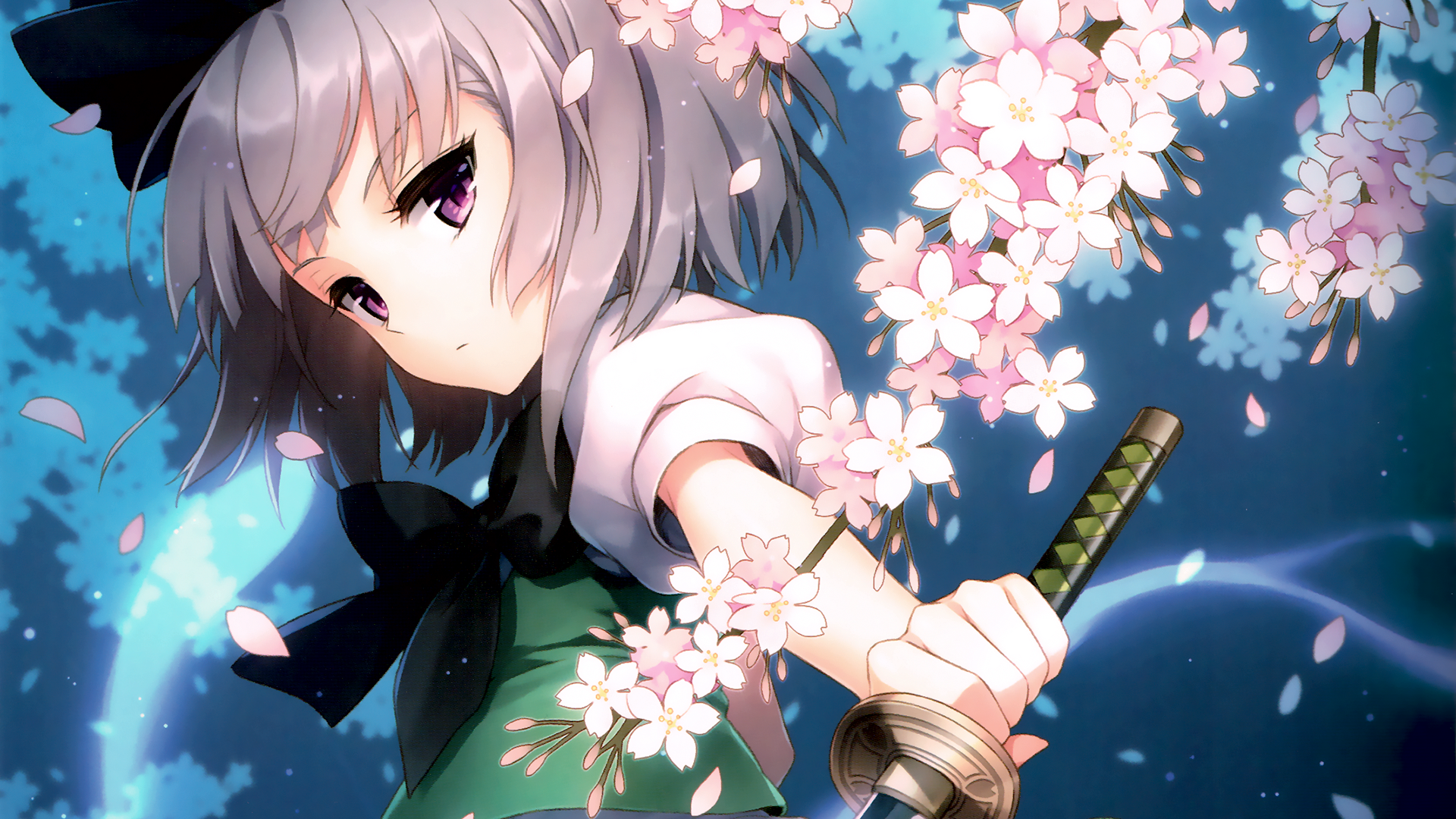 Konpaku Youmu from Touhou with cherry blossoms and katana HD Wallpaper