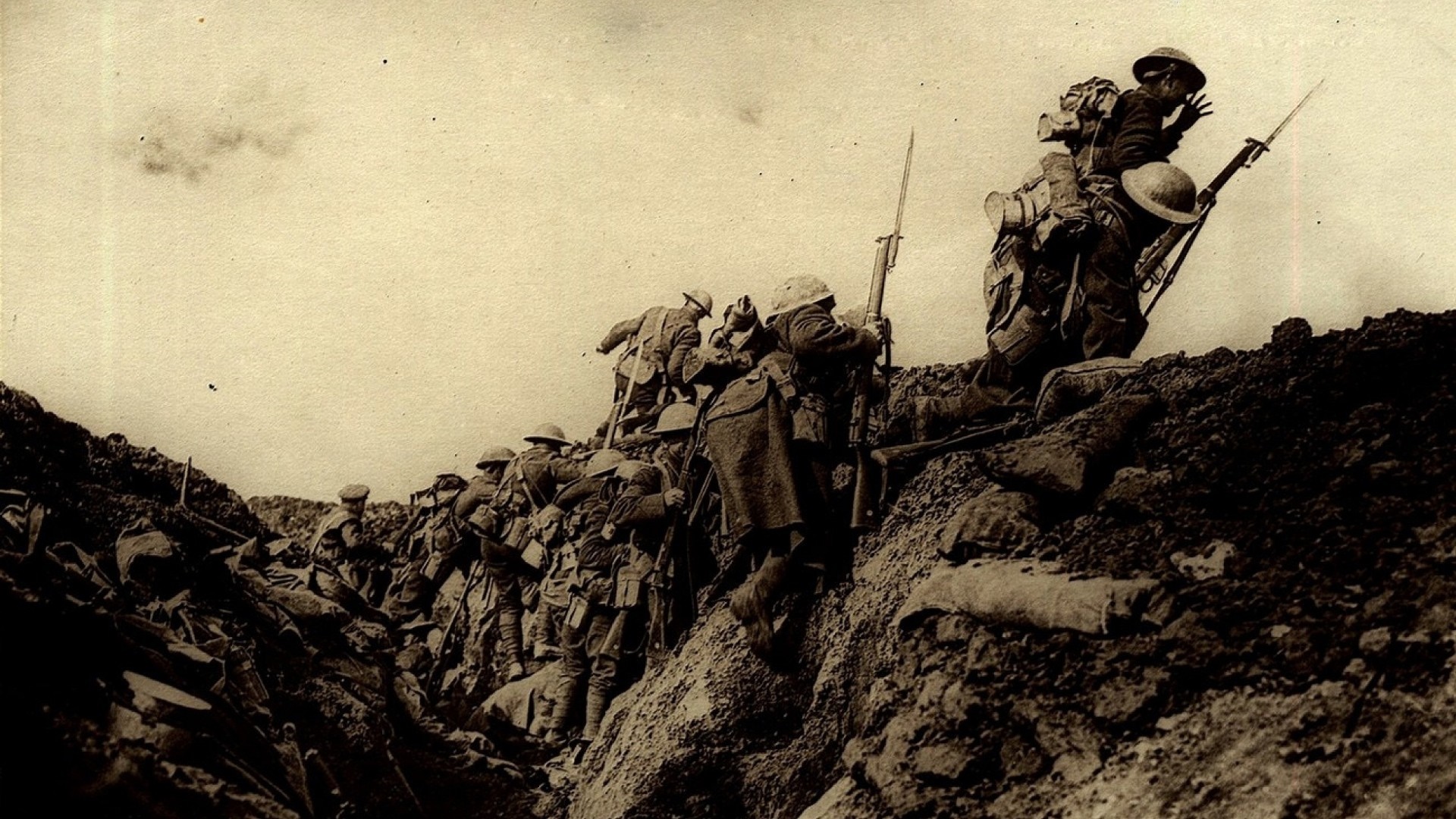 British soldiers climbing out of trenches in World War I HD Wallpaper