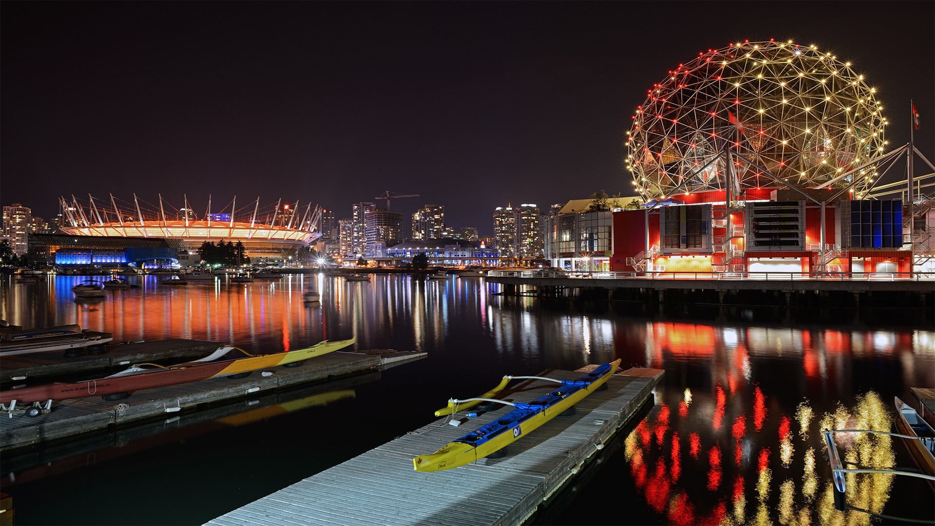 Vancouver cityscape at night with Science World and BC Place Stadium HD Wallpaper