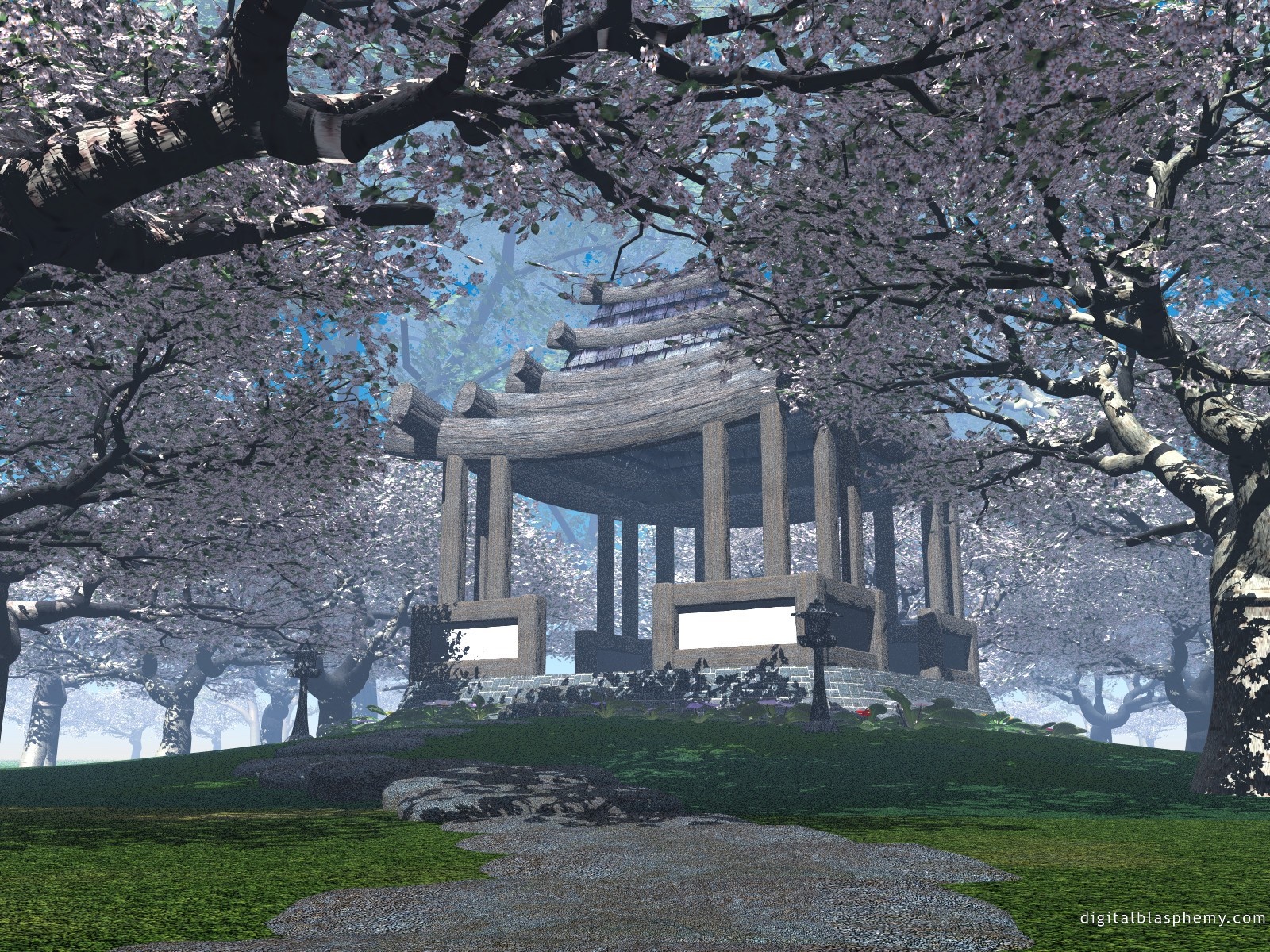 Gazebo in a cherry blossom garden HD Wallpaper