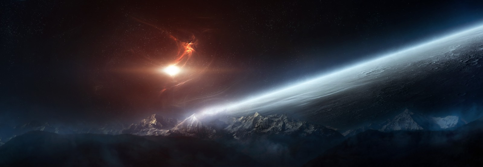 Digital art of a planet and mountains in space HD Wallpaper