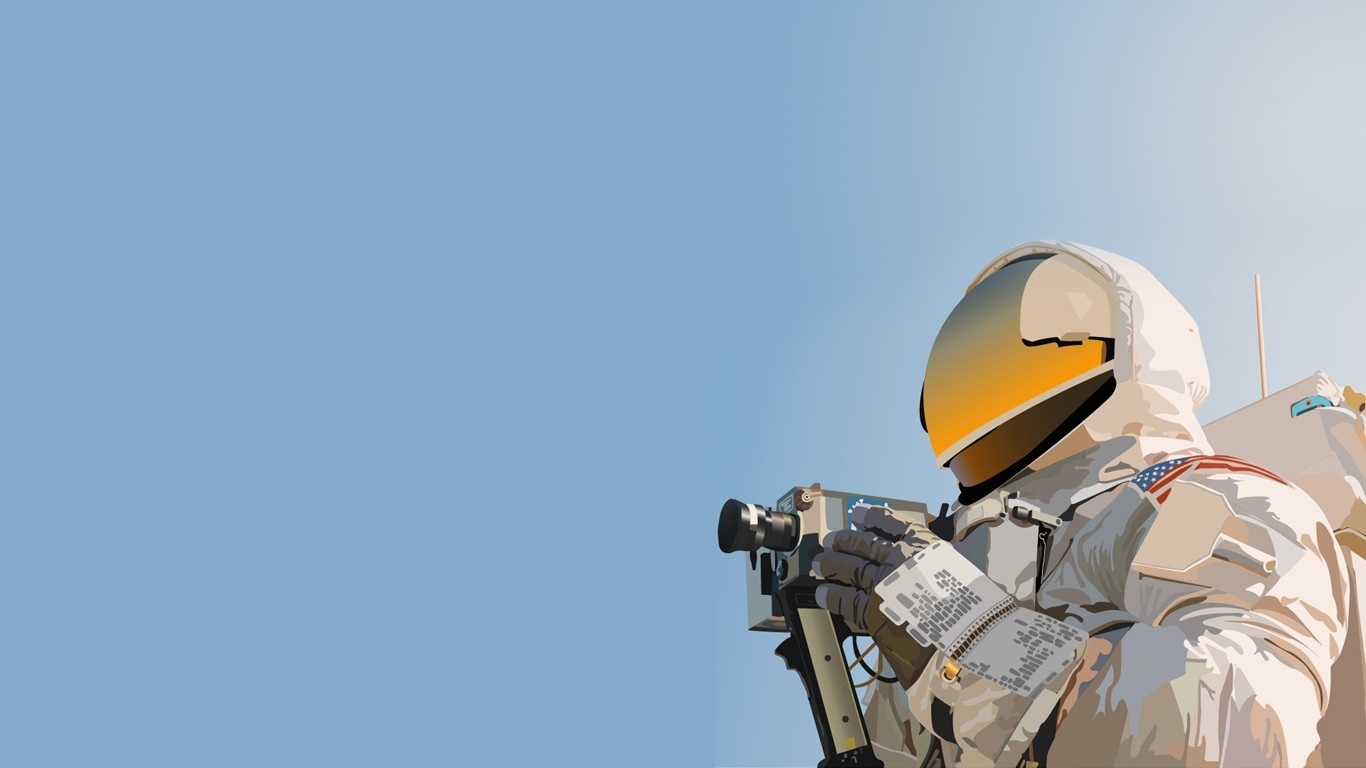 Astronaut holding a camera against a blue sky HD Wallpaper