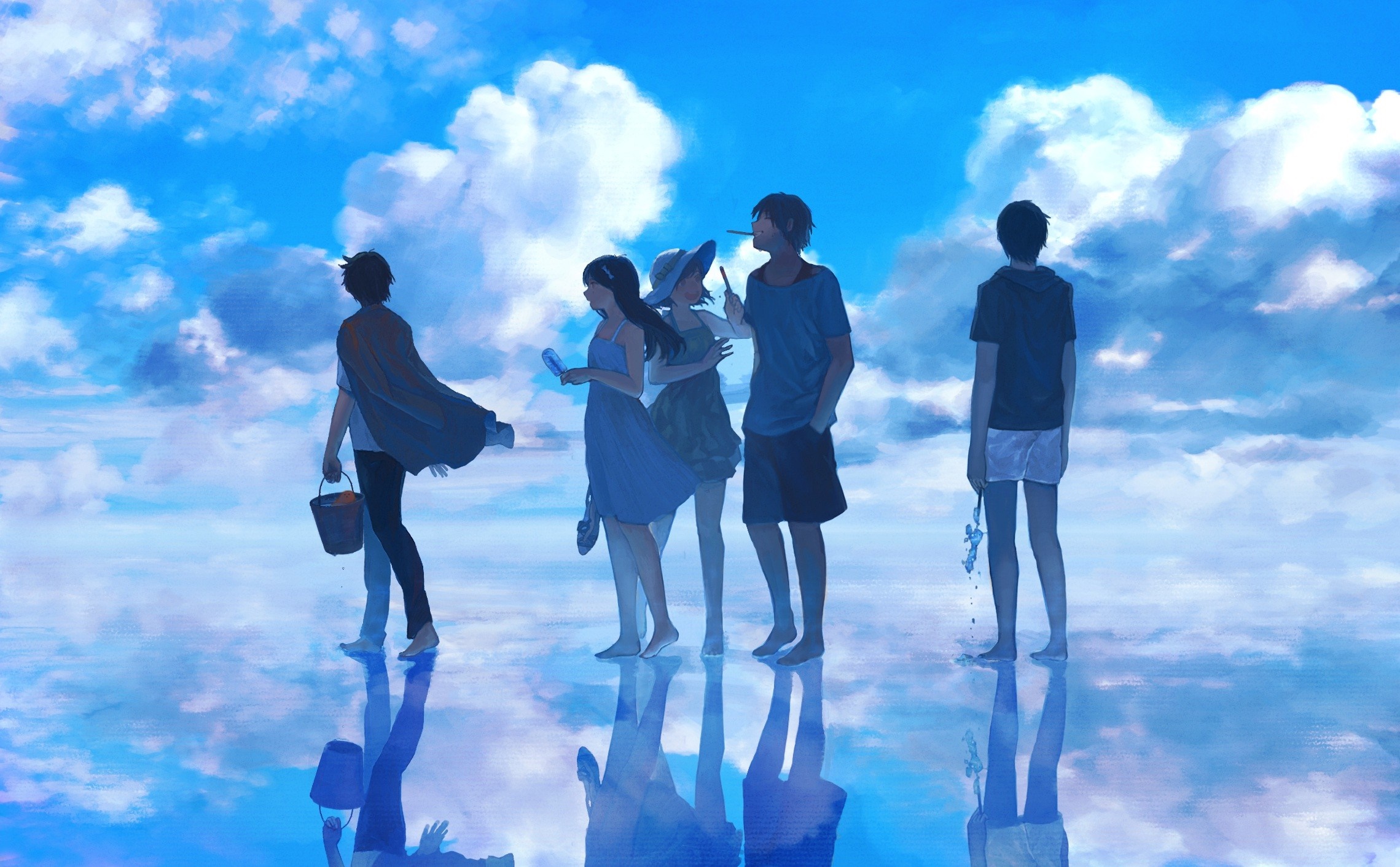 Anime characters standing on a reflective surface under a cloudy sky HD Wallpaper