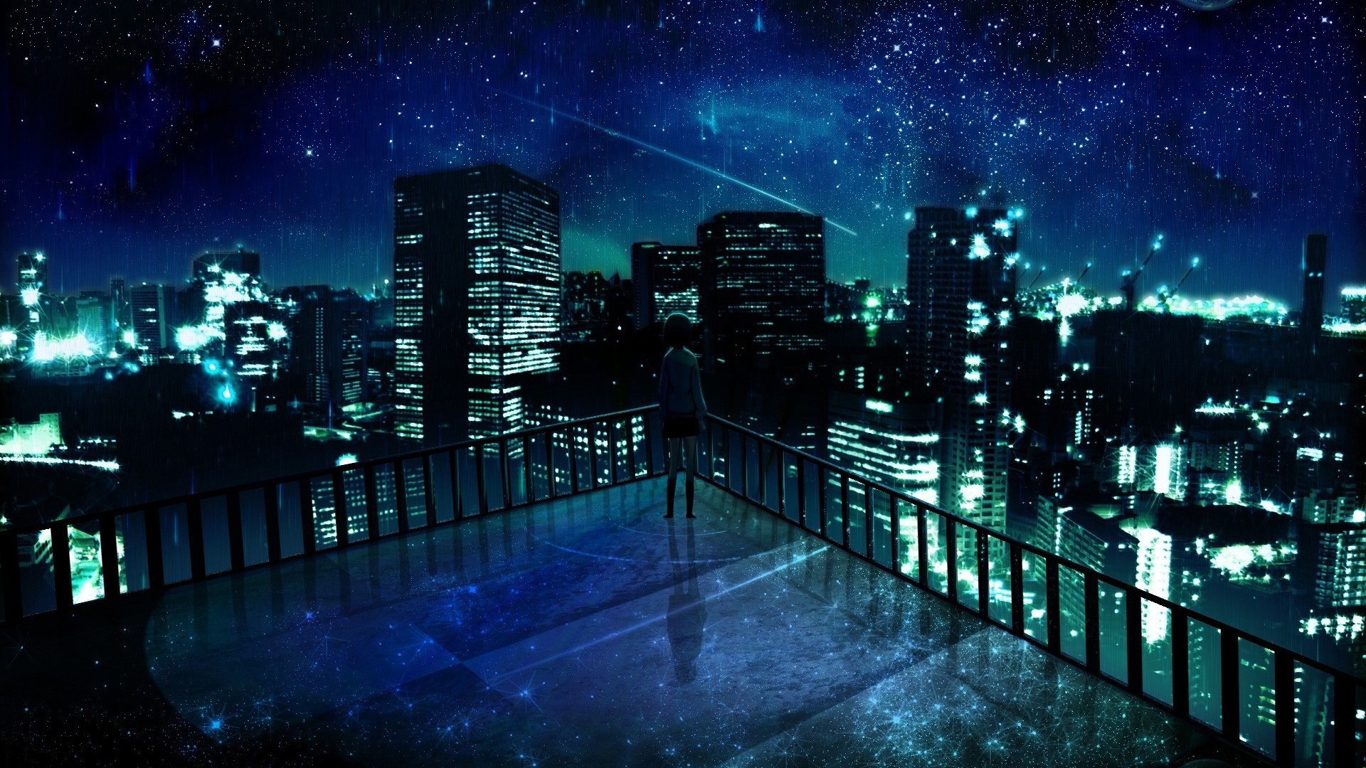 Girl on a rooftop overlooking a neon city at night HD Wallpaper