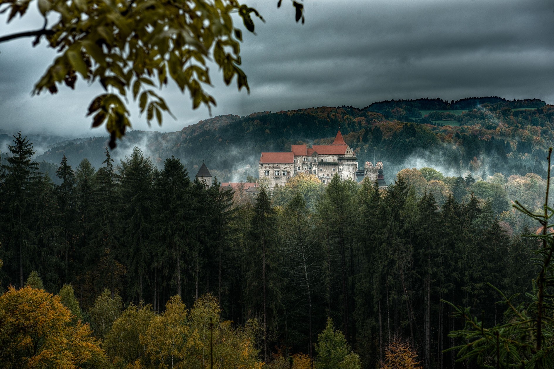 Castle Pernstejn in Czech Republic during autumn mist HD Wallpaper