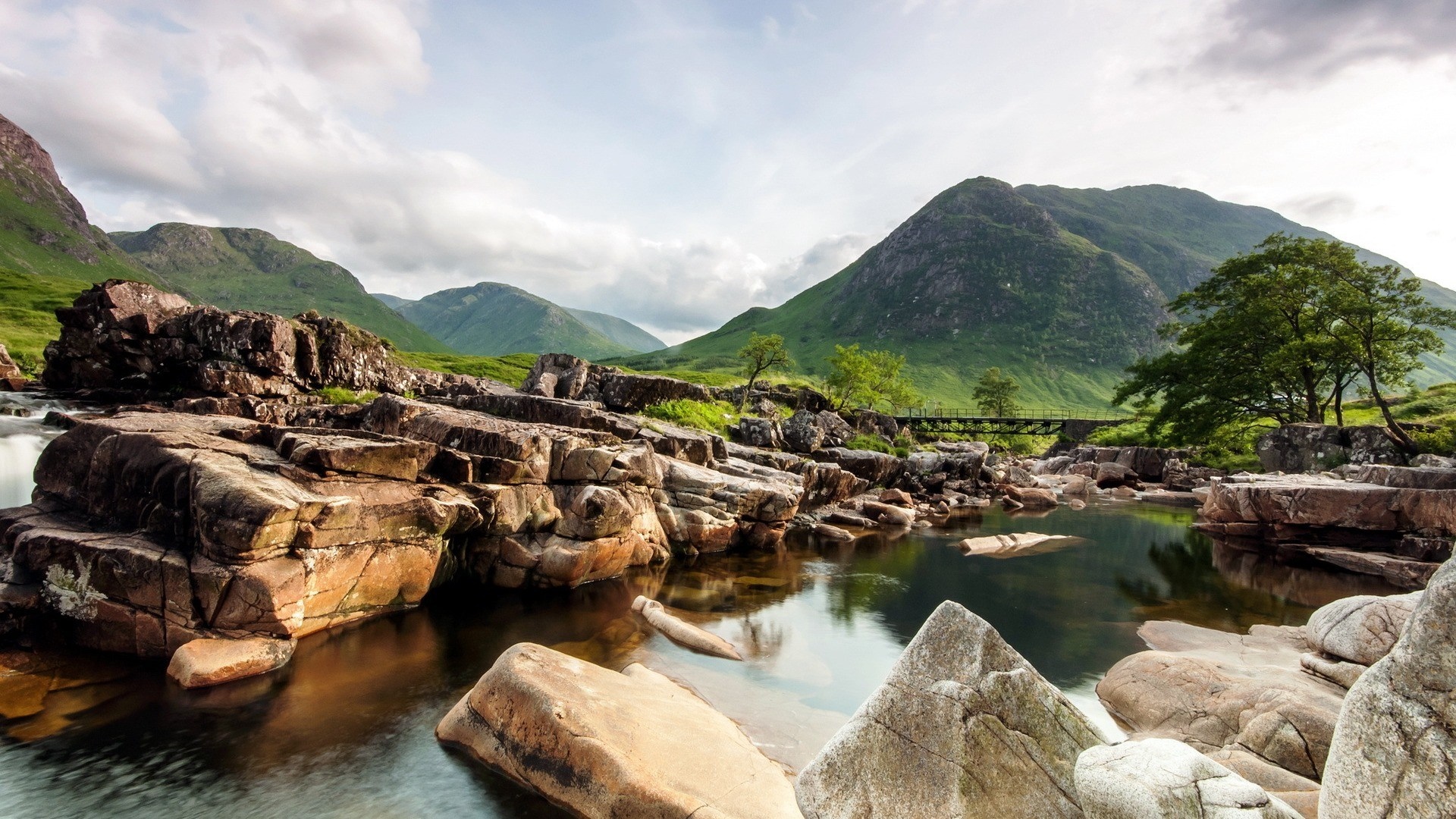 Rocky river flowing through a green valley with mountains HD Wallpaper