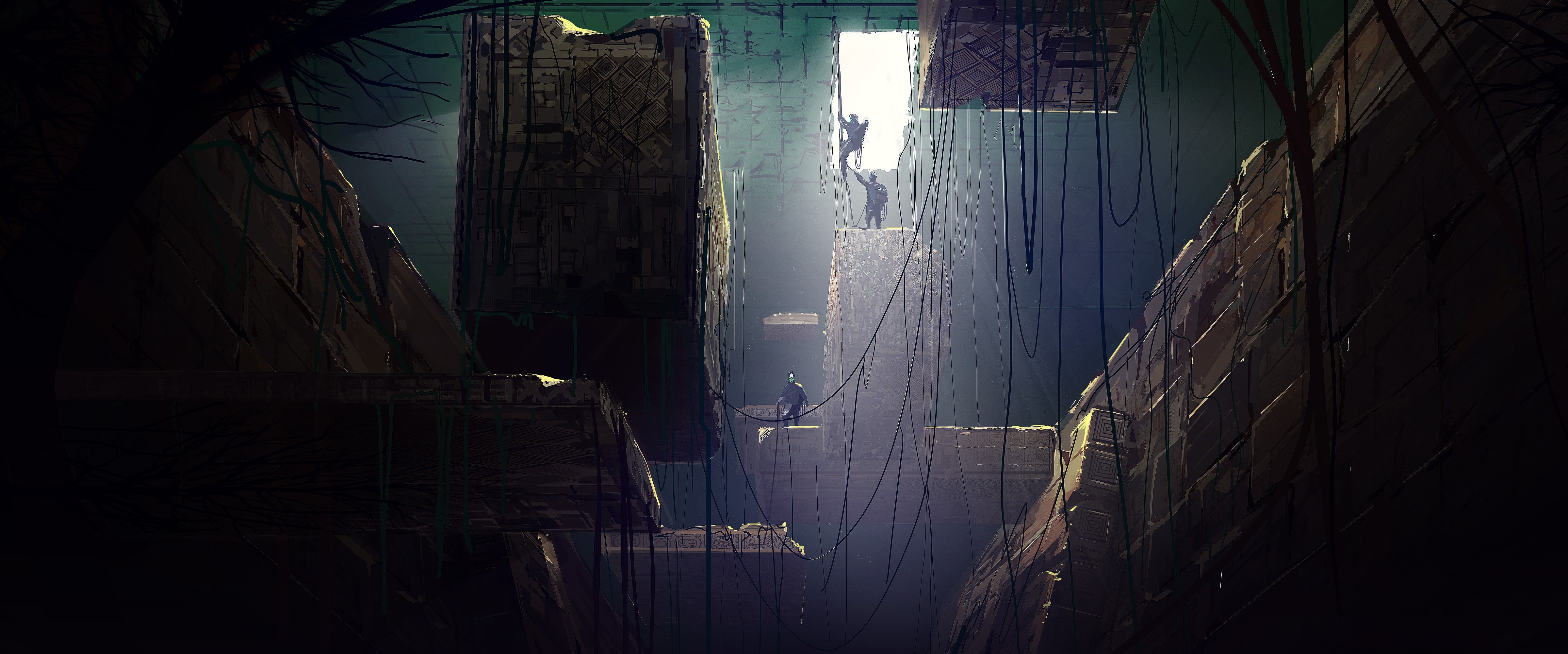 Artwork of people climbing in ancient ruins with sunlight HD Wallpaper