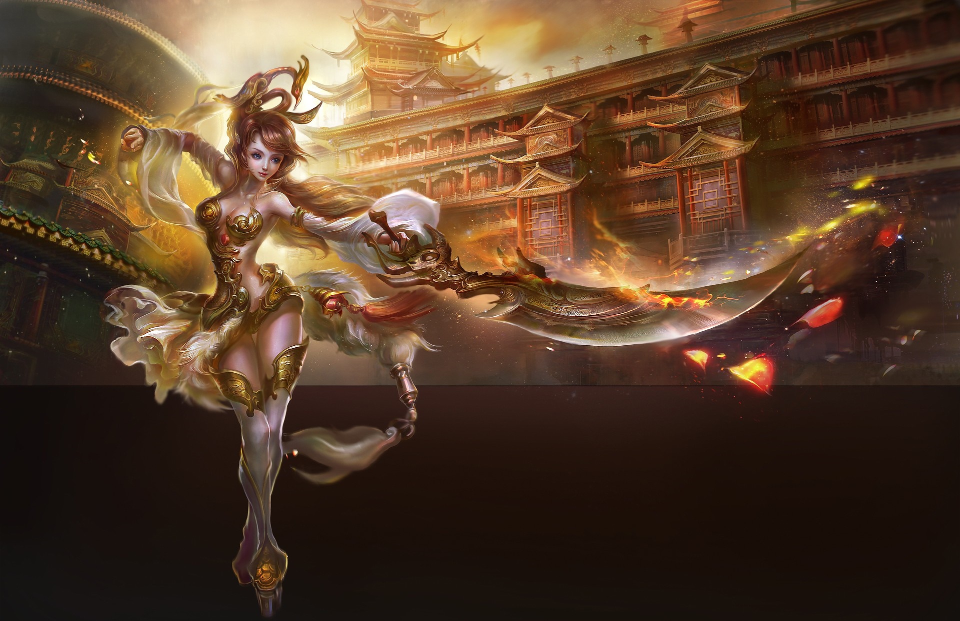 Anime girl with sword in front of traditional Asian architecture HD Wallpaper