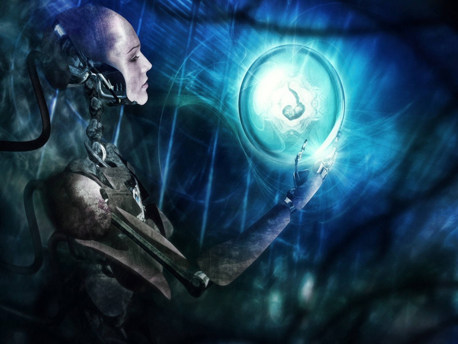 Robot holding a glowing orb with a fetus HD Wallpaper