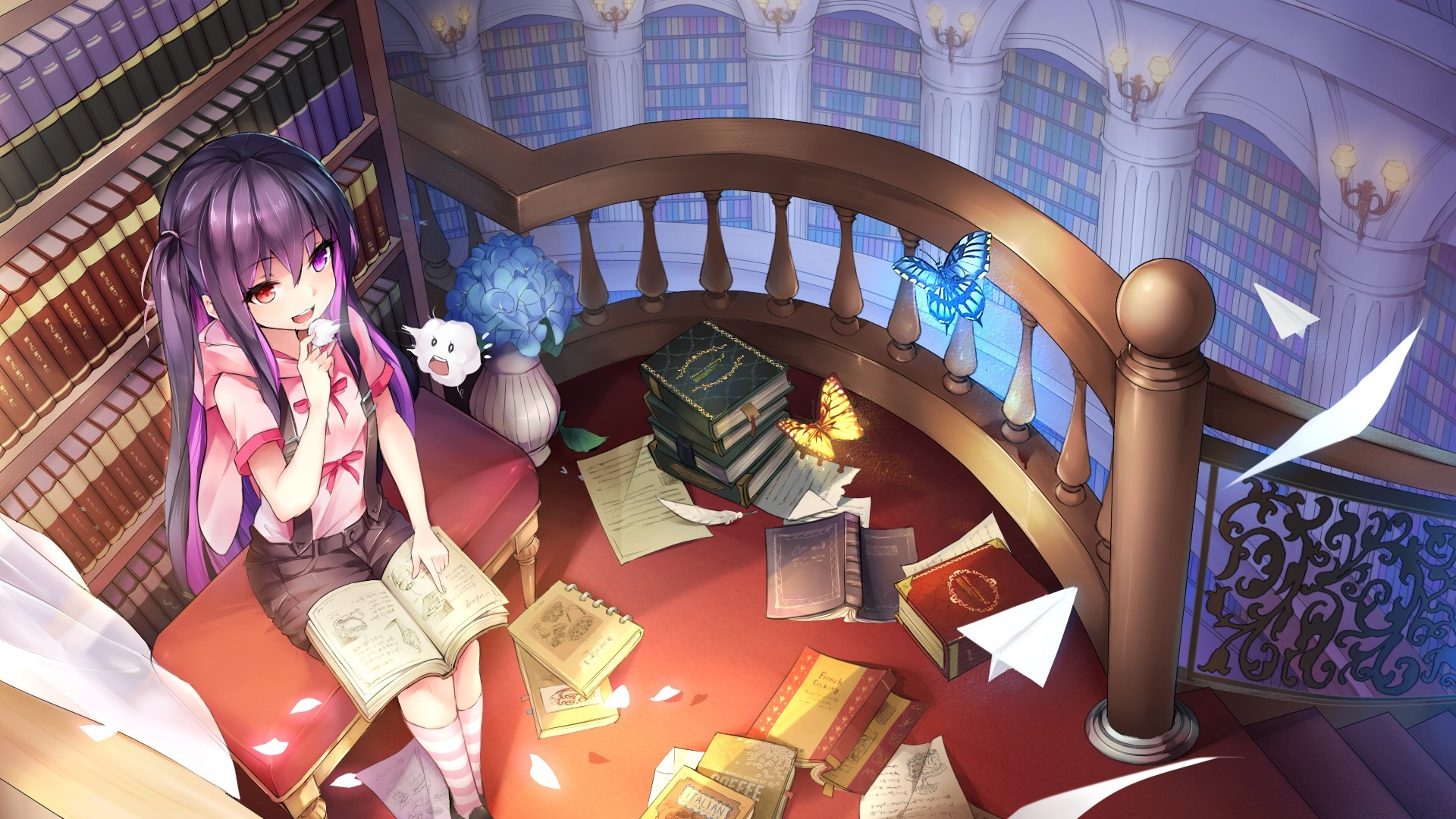 Anime girl with twintails in a library with books and butterflies HD Wallpaper