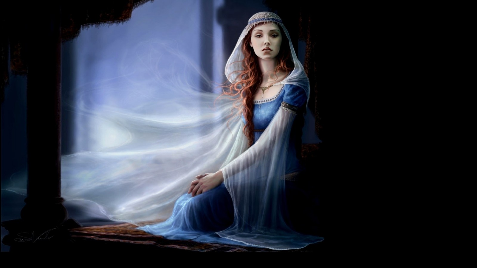 Fantasy art of a woman in a blue dress HD Wallpaper