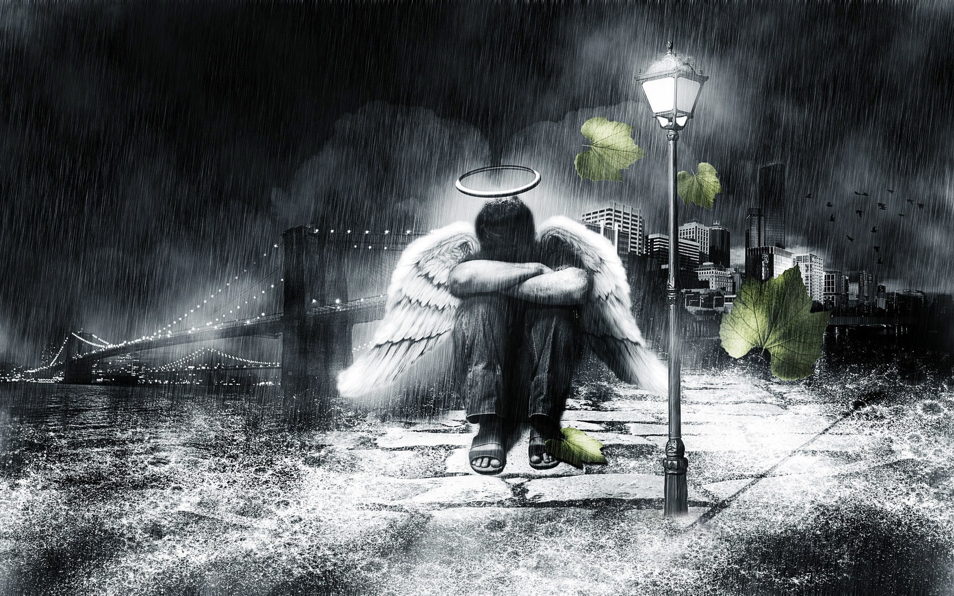 Sad angel sitting in the rain with city and bridge background HD Wallpaper