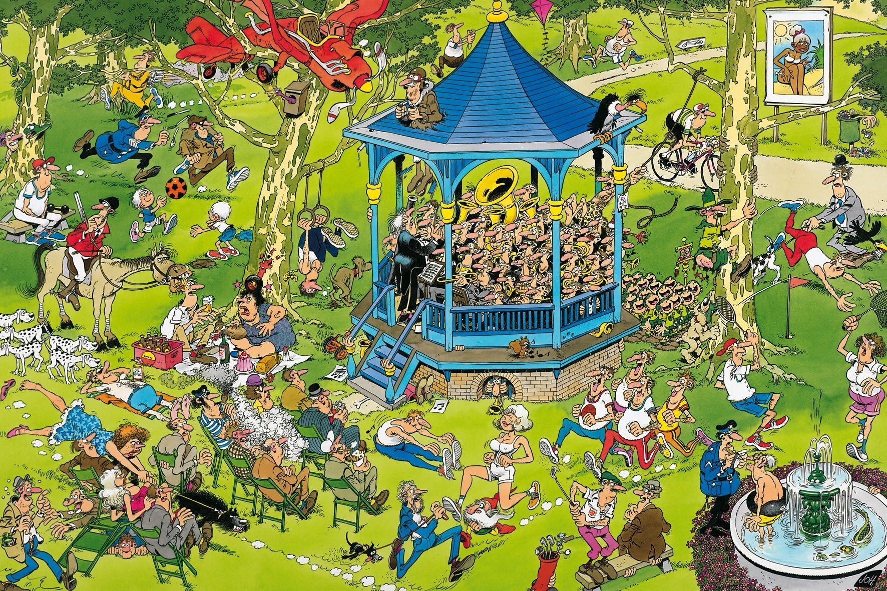 Cartoon park scene with band playing and people picnicking HD Wallpaper