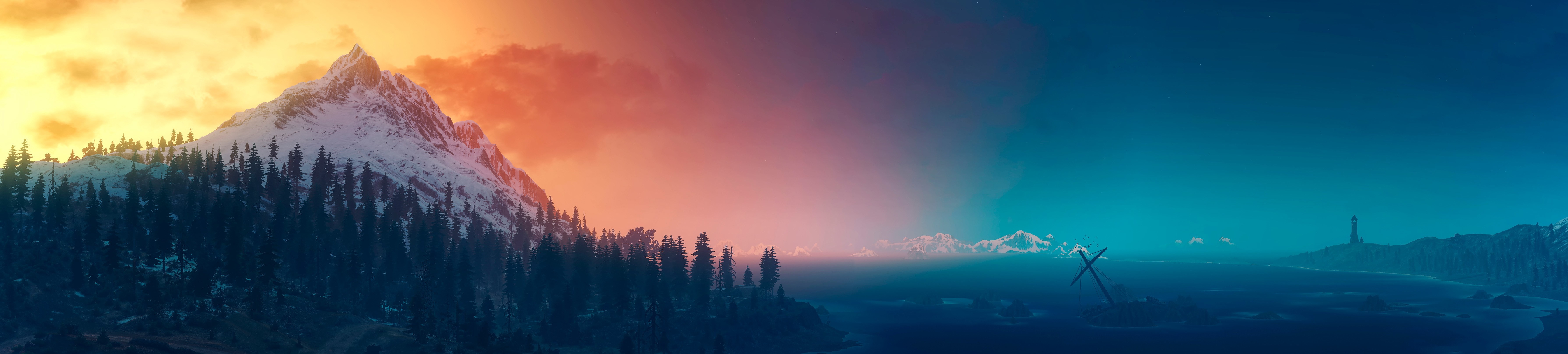Snowy mountains and a vast ocean under a colorful sky HD Wallpaper
