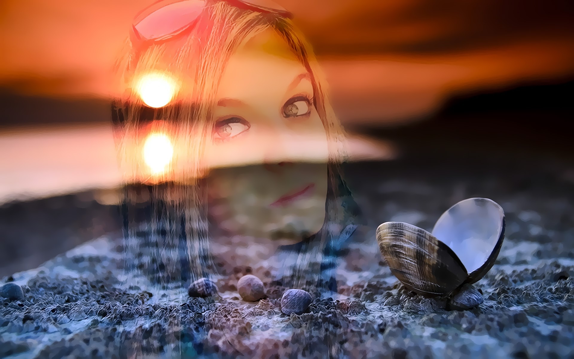 Double exposure of a woman's face superimposed on a beach sunset with a shell HD Wallpaper