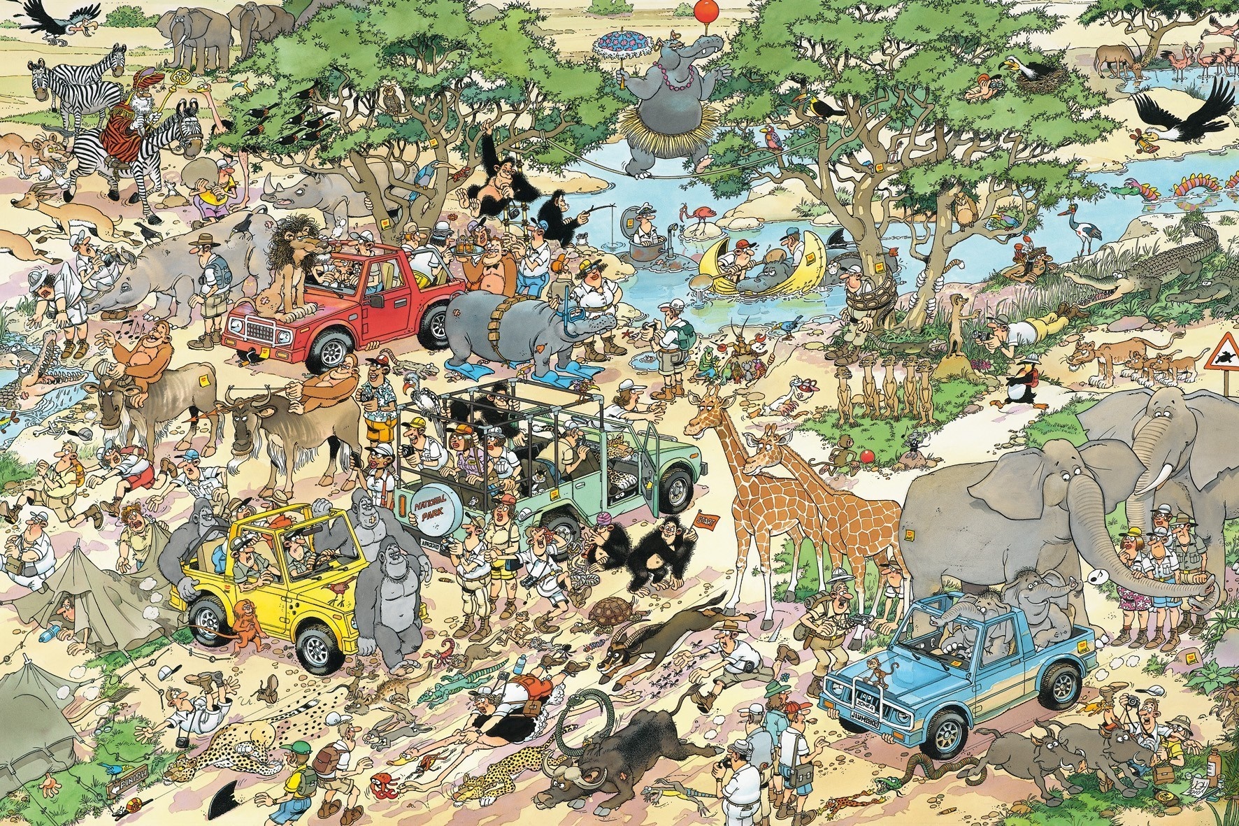 Cartoon safari with people and animals HD Wallpaper