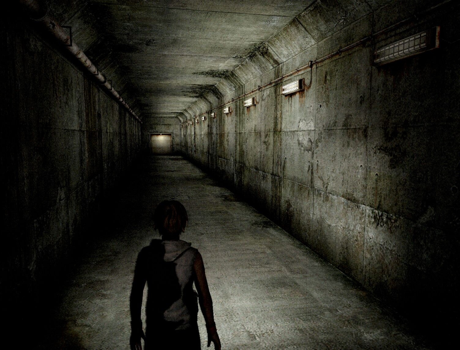 Character from Silent Hill in a dark concrete tunnel HD Wallpaper