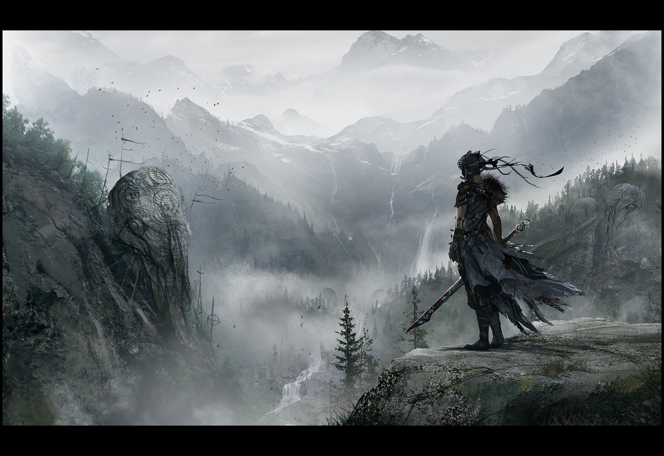 Senua from Hellblade stands on a cliff overlooking mountains HD Wallpaper