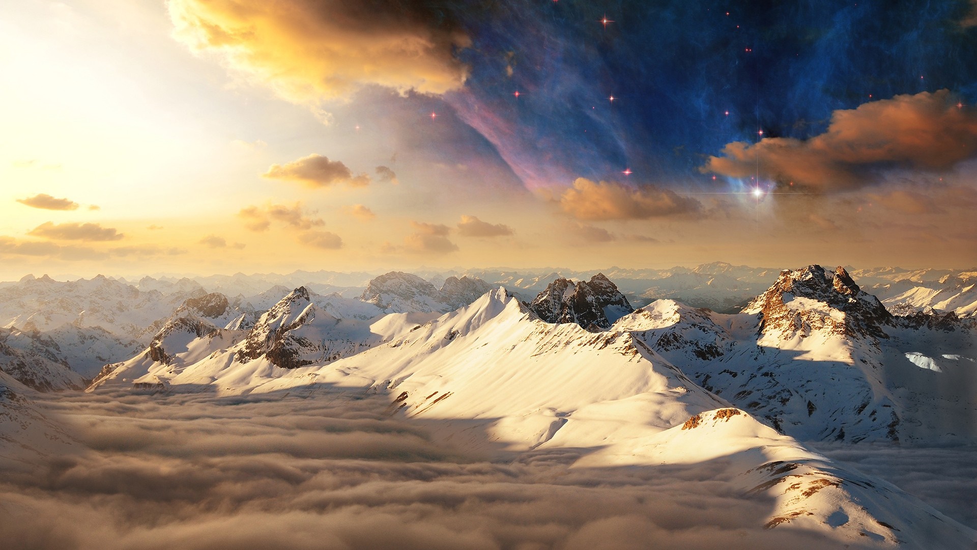 Snowy mountains under a cosmic sky with clouds HD Wallpaper