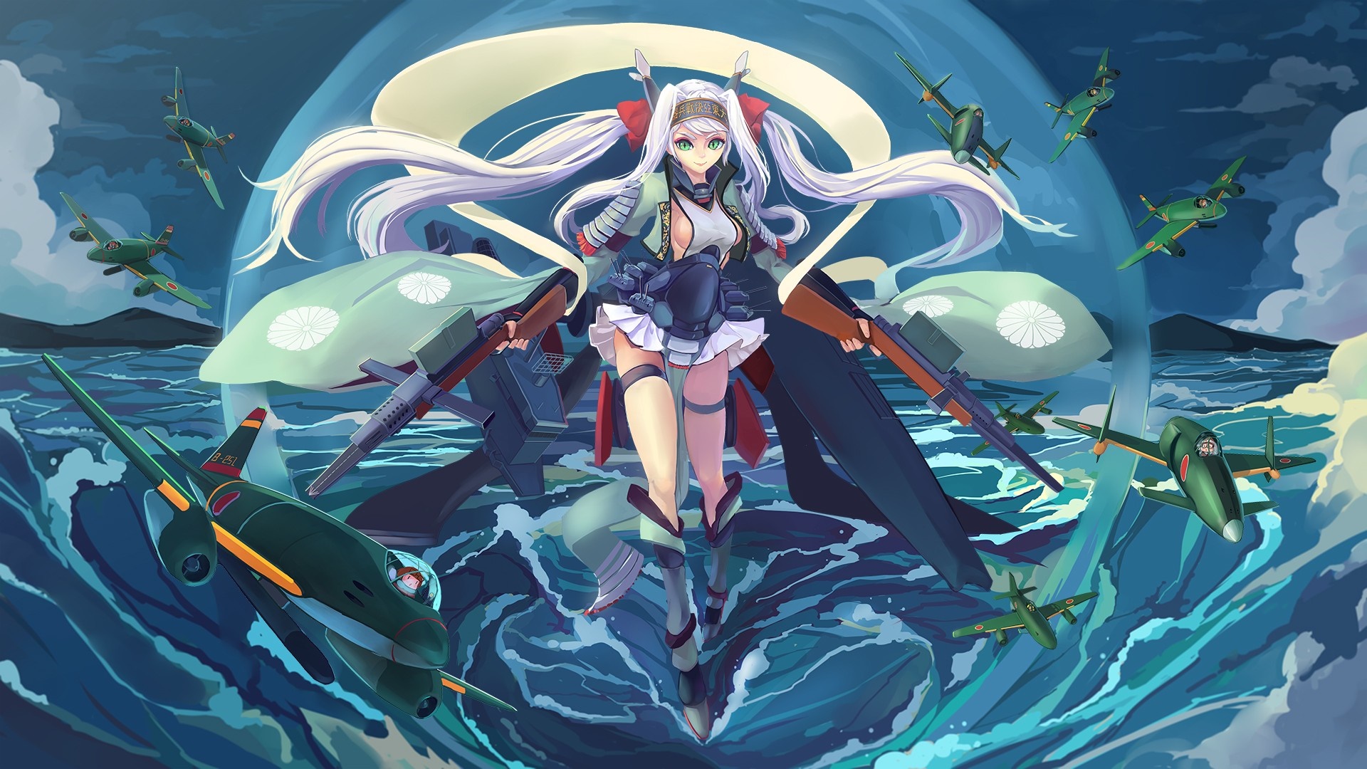 Anime girl with white hair and airplanes HD Wallpaper