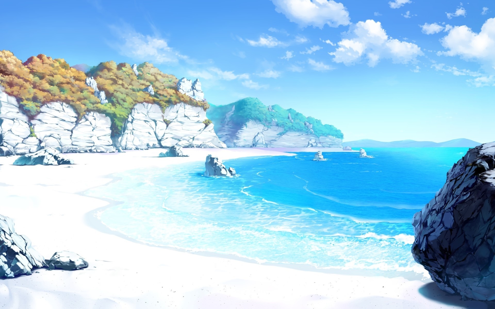 Anime beach with cliffs and blue ocean HD Wallpaper