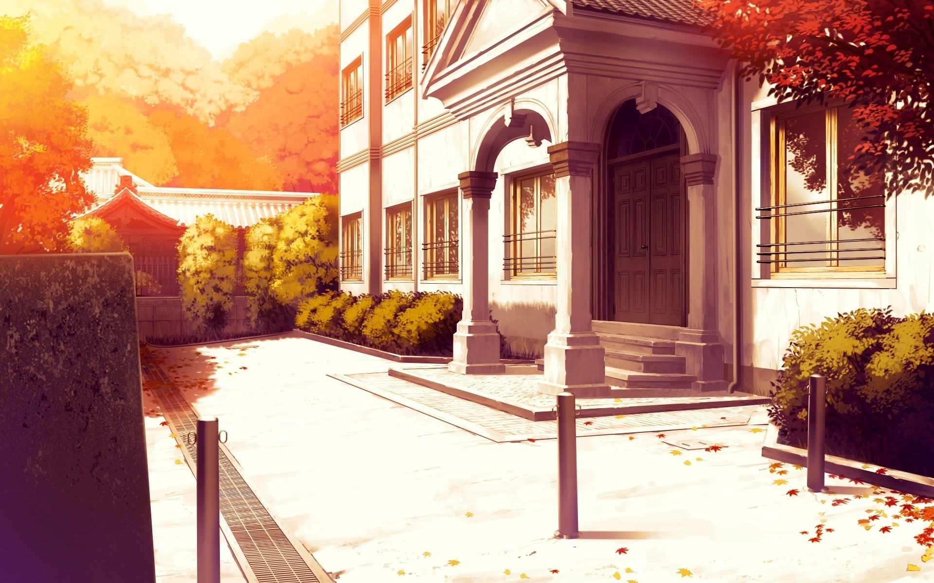 Autumn scene with a building and trees HD Wallpaper