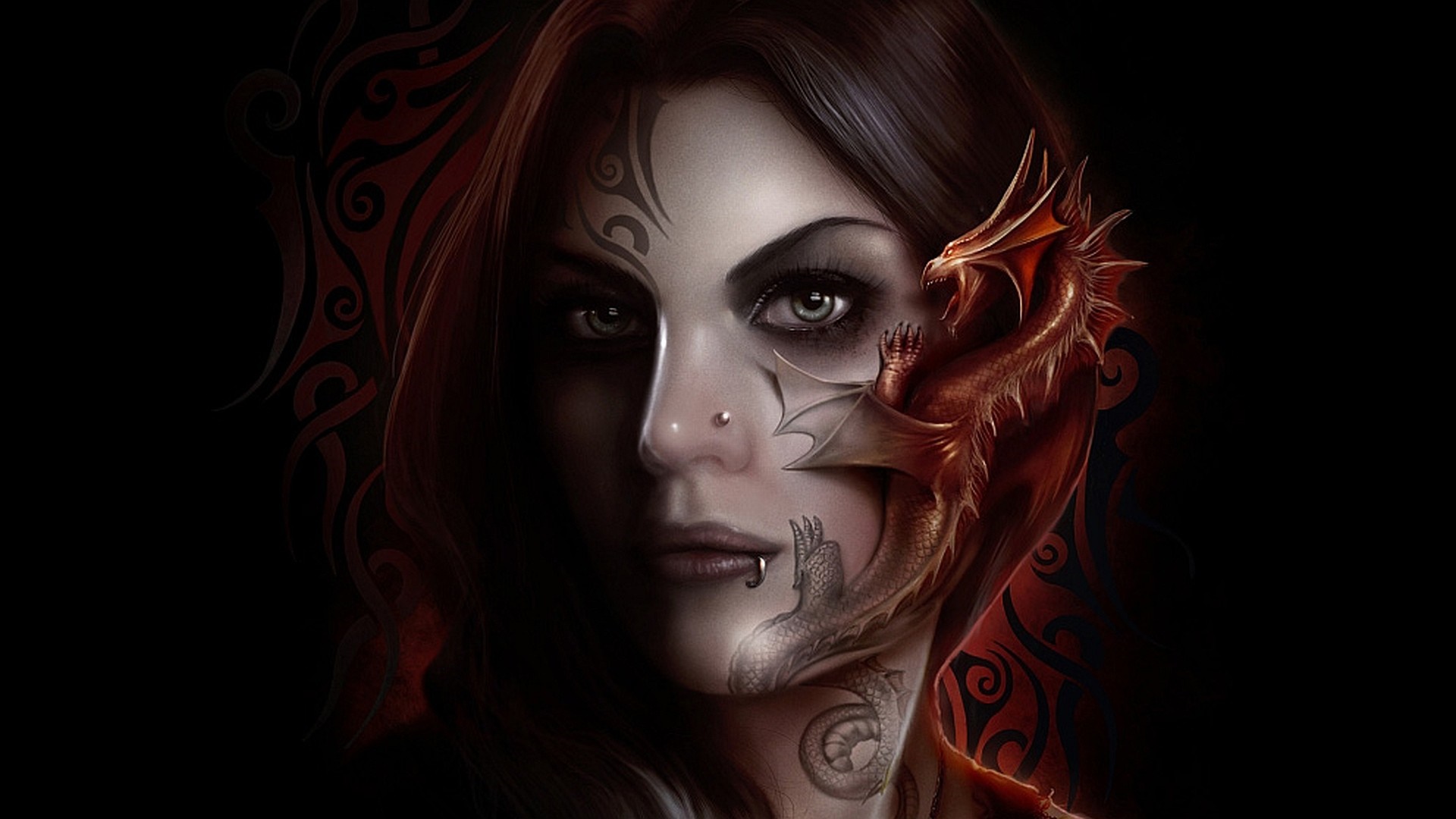 Fantasy art illustration of a woman with a dragon on her face HD Wallpaper