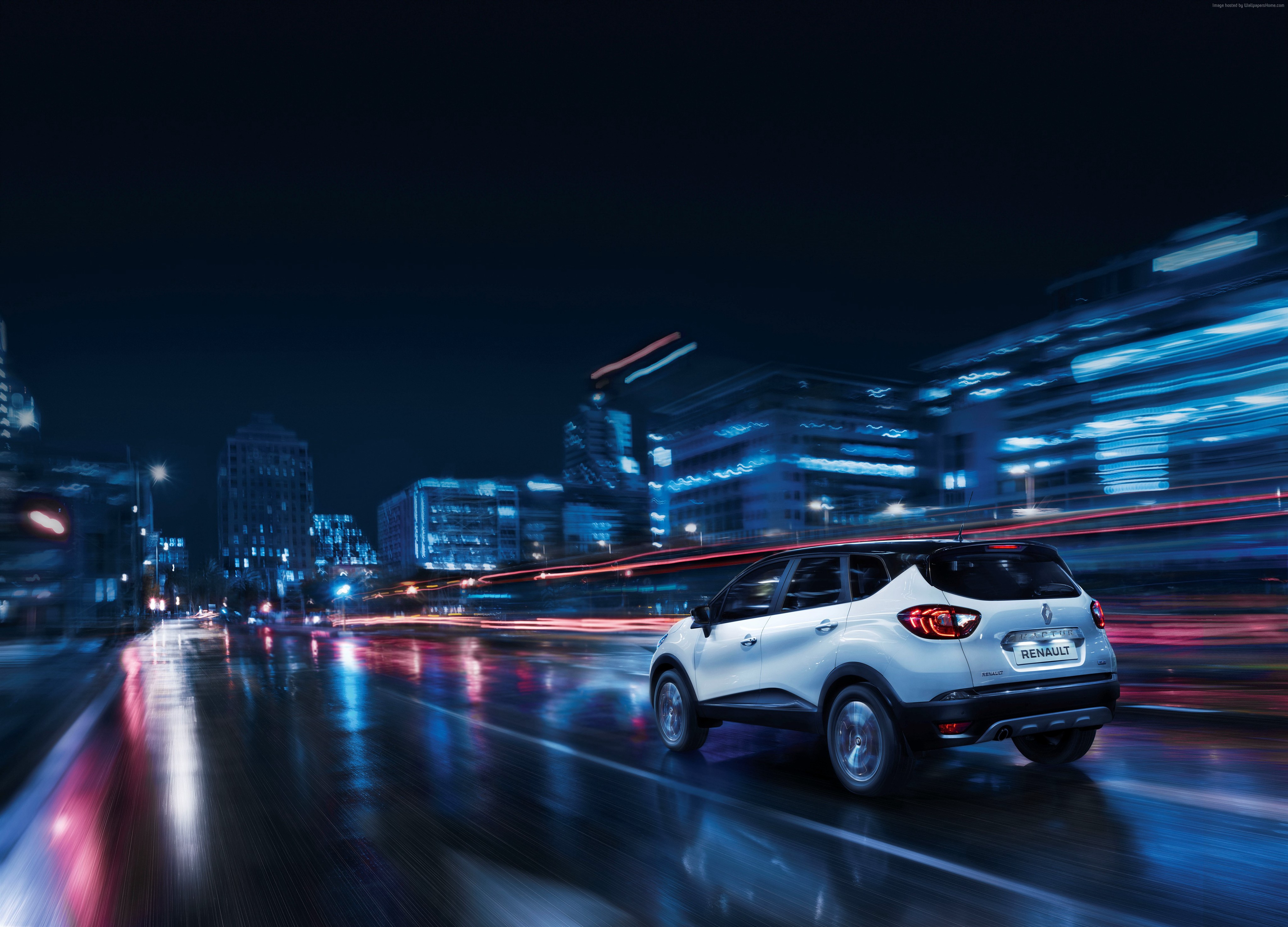 White Renault Kaptur driving at night in a city HD Wallpaper