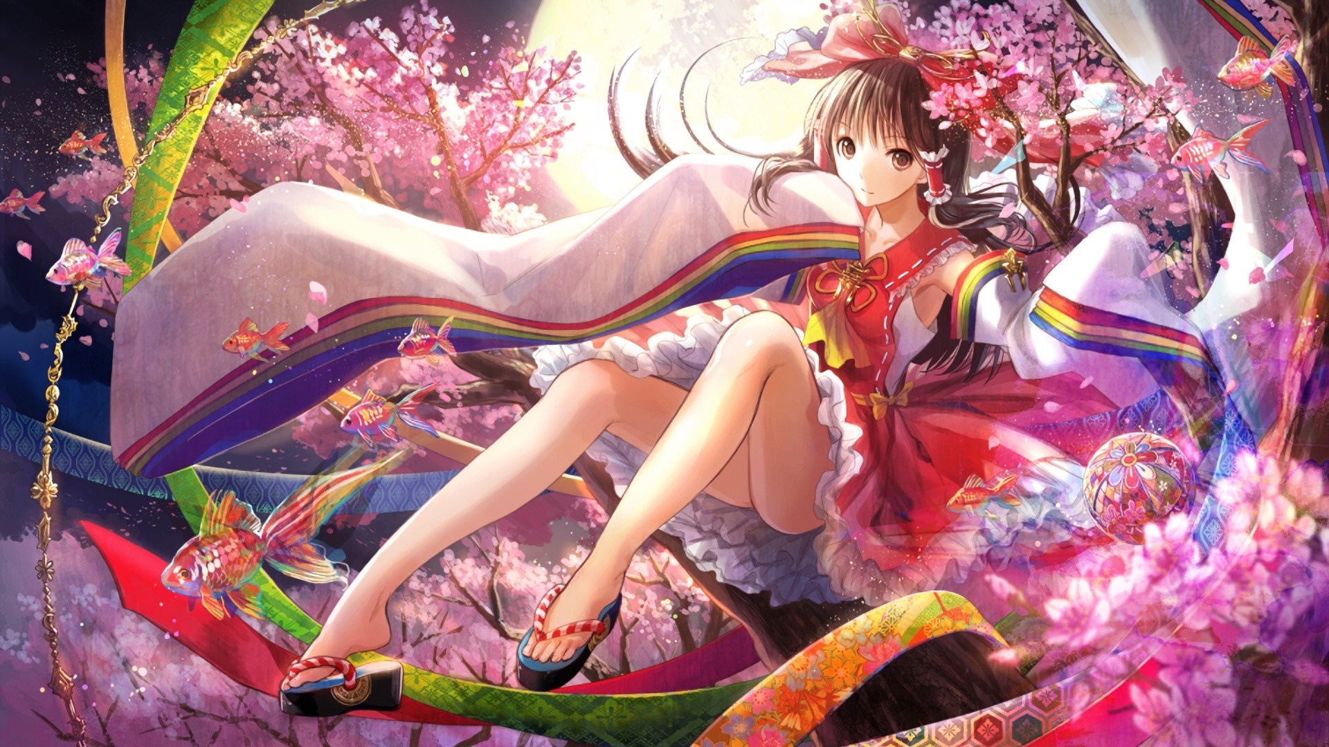 Reimu Hakurei from Touhou surrounded by cherry blossoms and goldfish HD Wallpaper